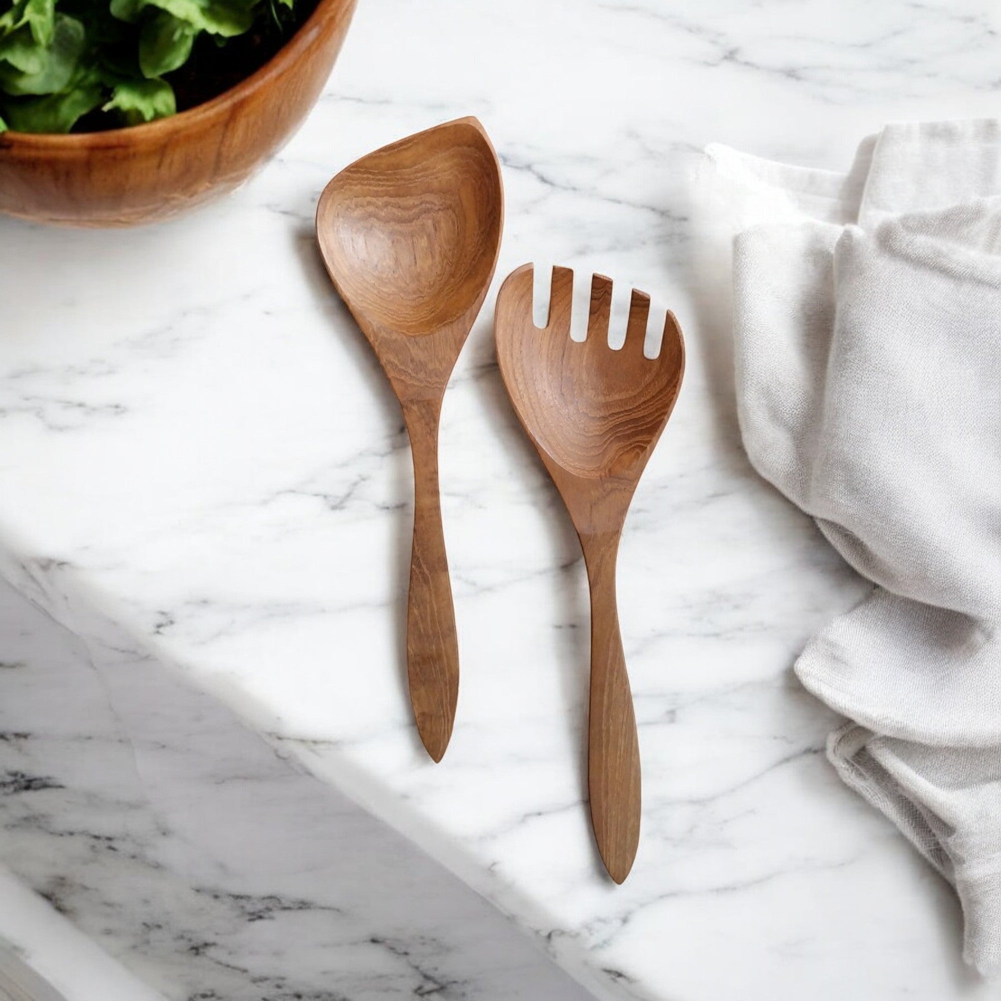 Brown Teak Wood Salad Spoon and Fork Set of 2pcs