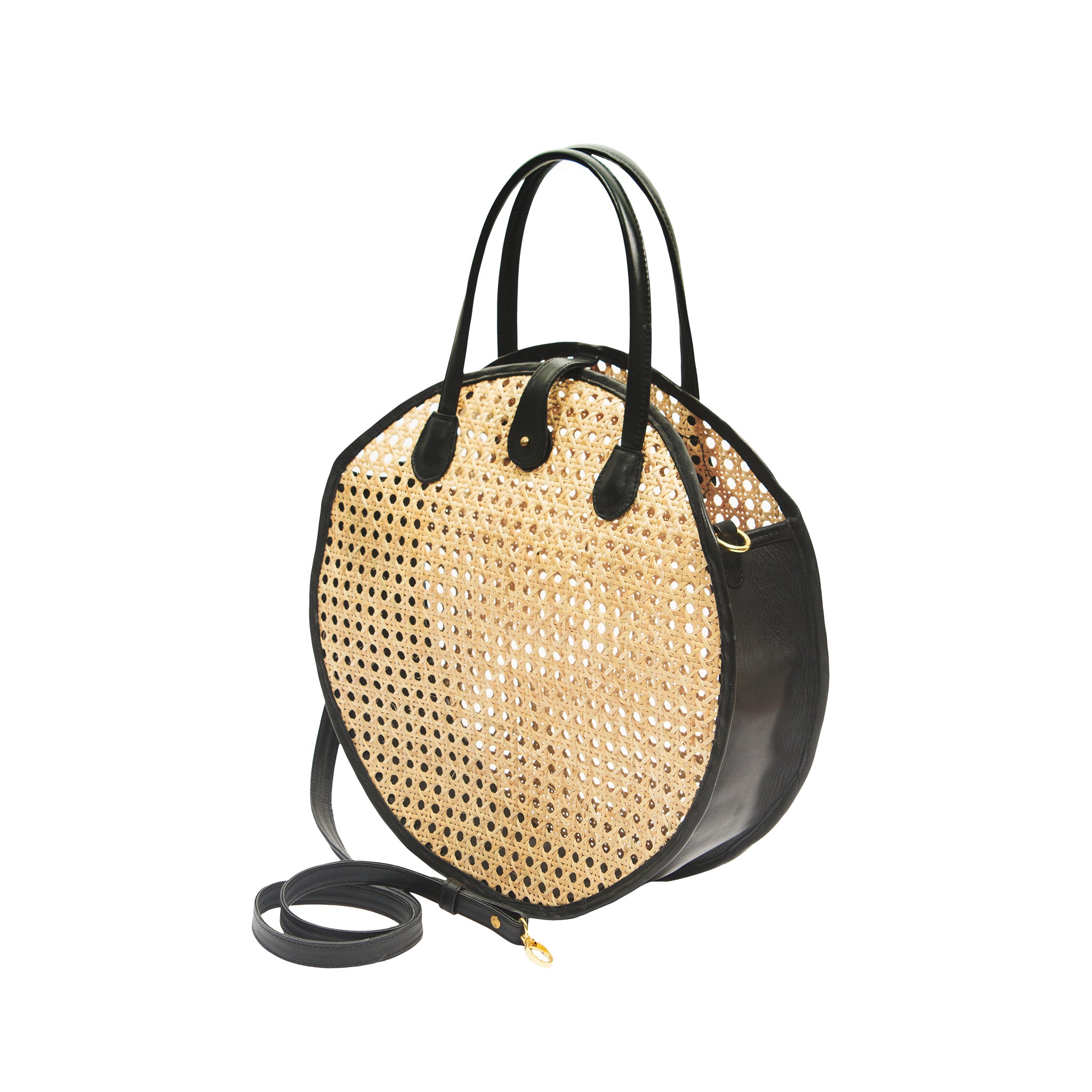 Size view Black Leather and Rattan Cane Webbing Shoulder Bag