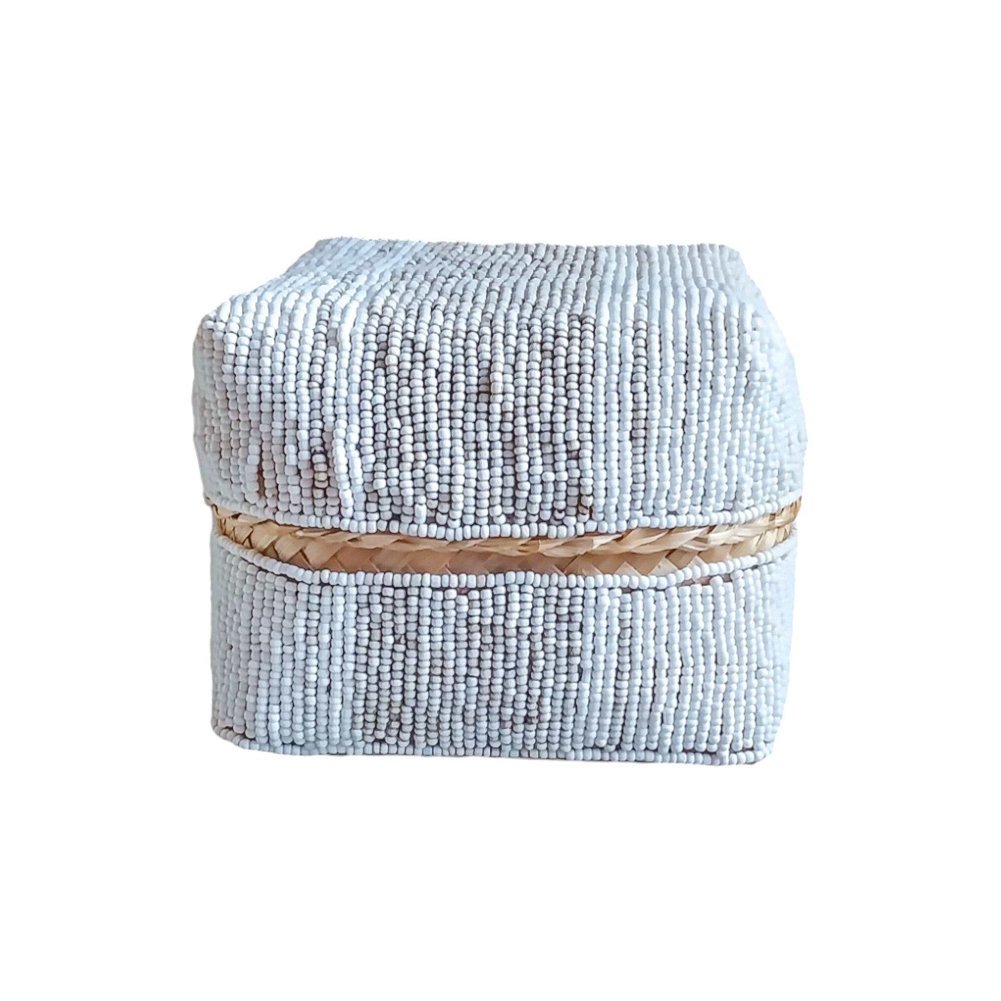 white and beige beaded decorative bamboo box from bali