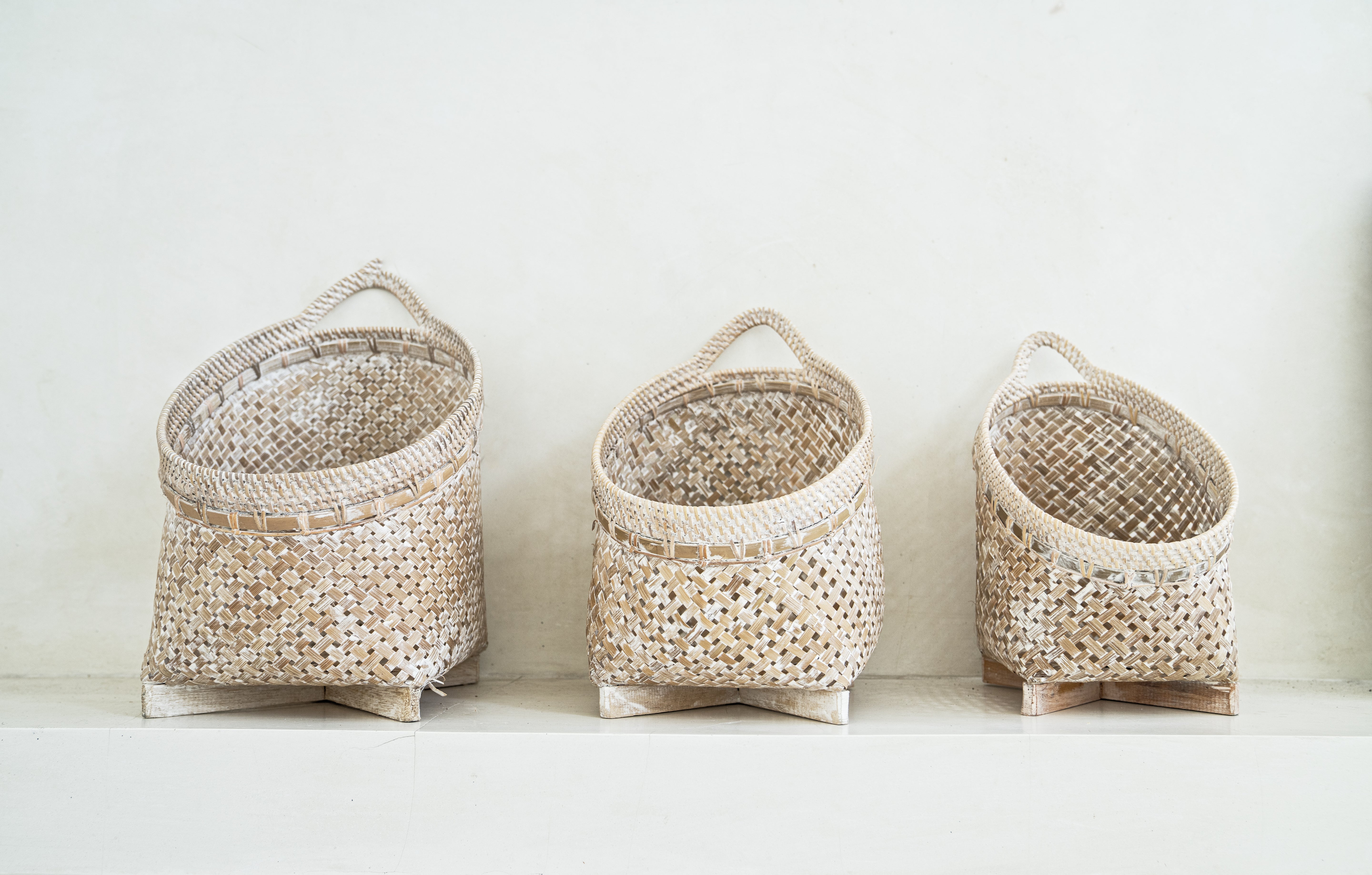 White Wash Bamboo Hanging Planter Basket