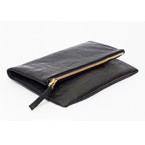 Black foldover crocodile embossed leather clutch