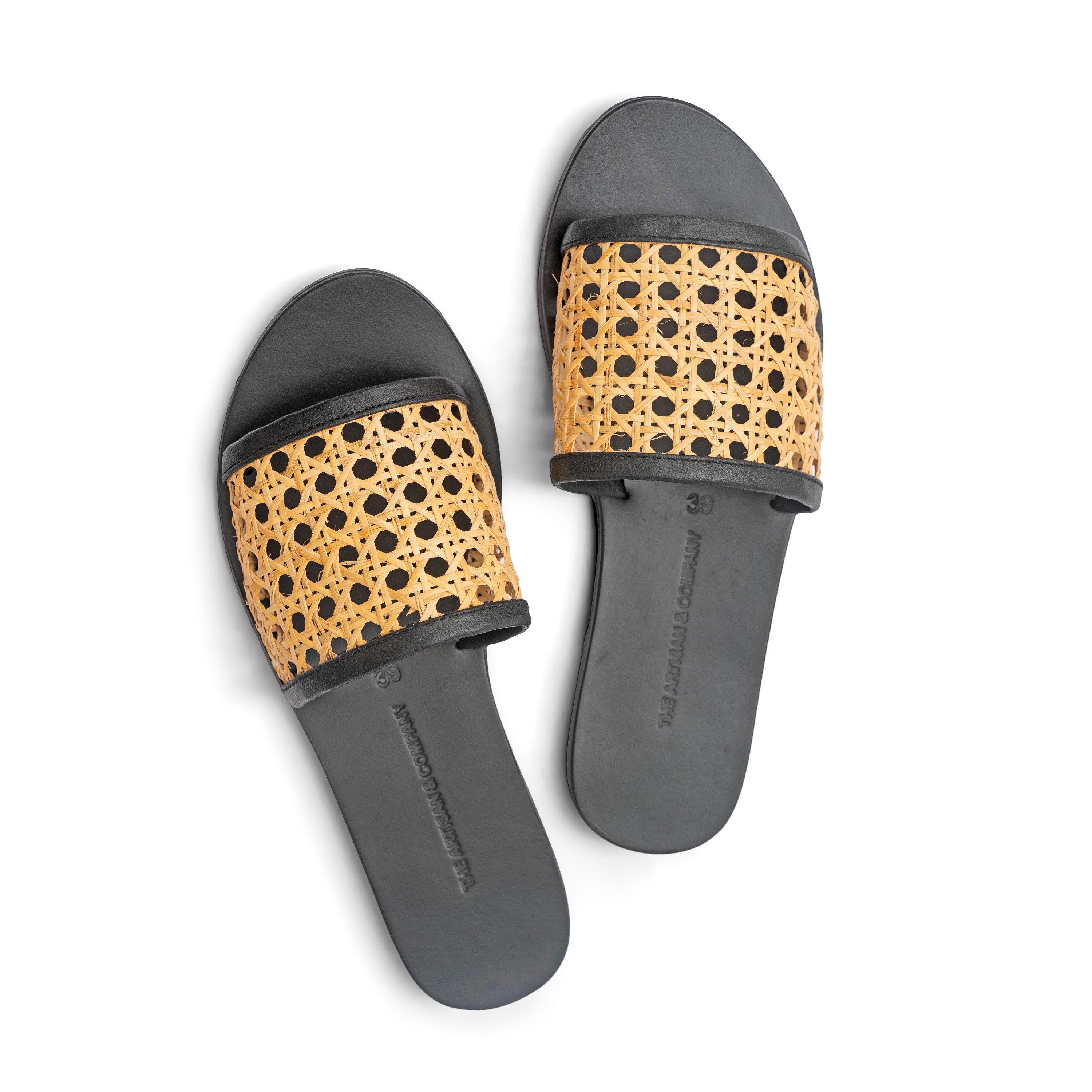 Black Leather Cane webbing rattan slides