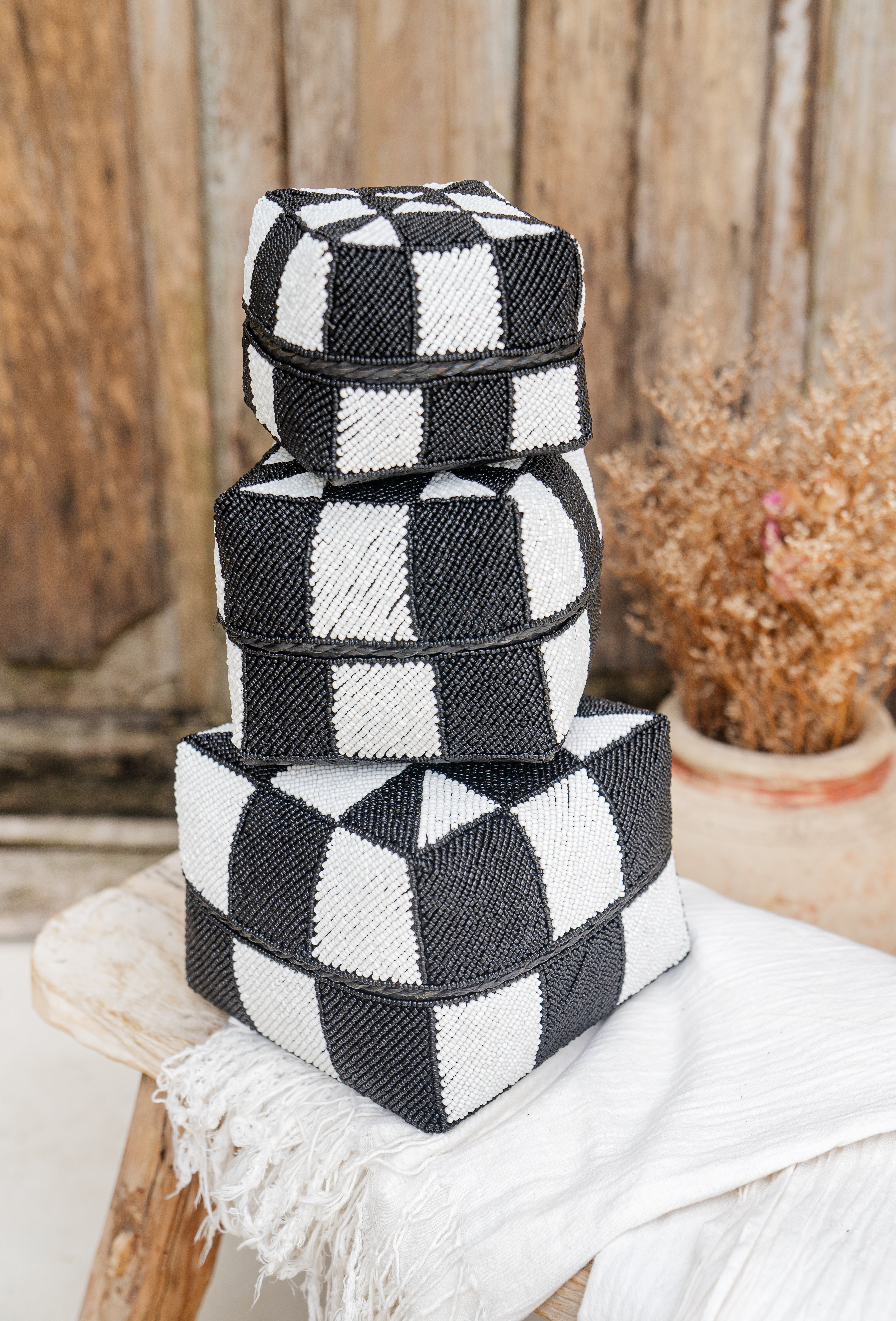 Decorative Beaded Black and White Storage Balinese Box