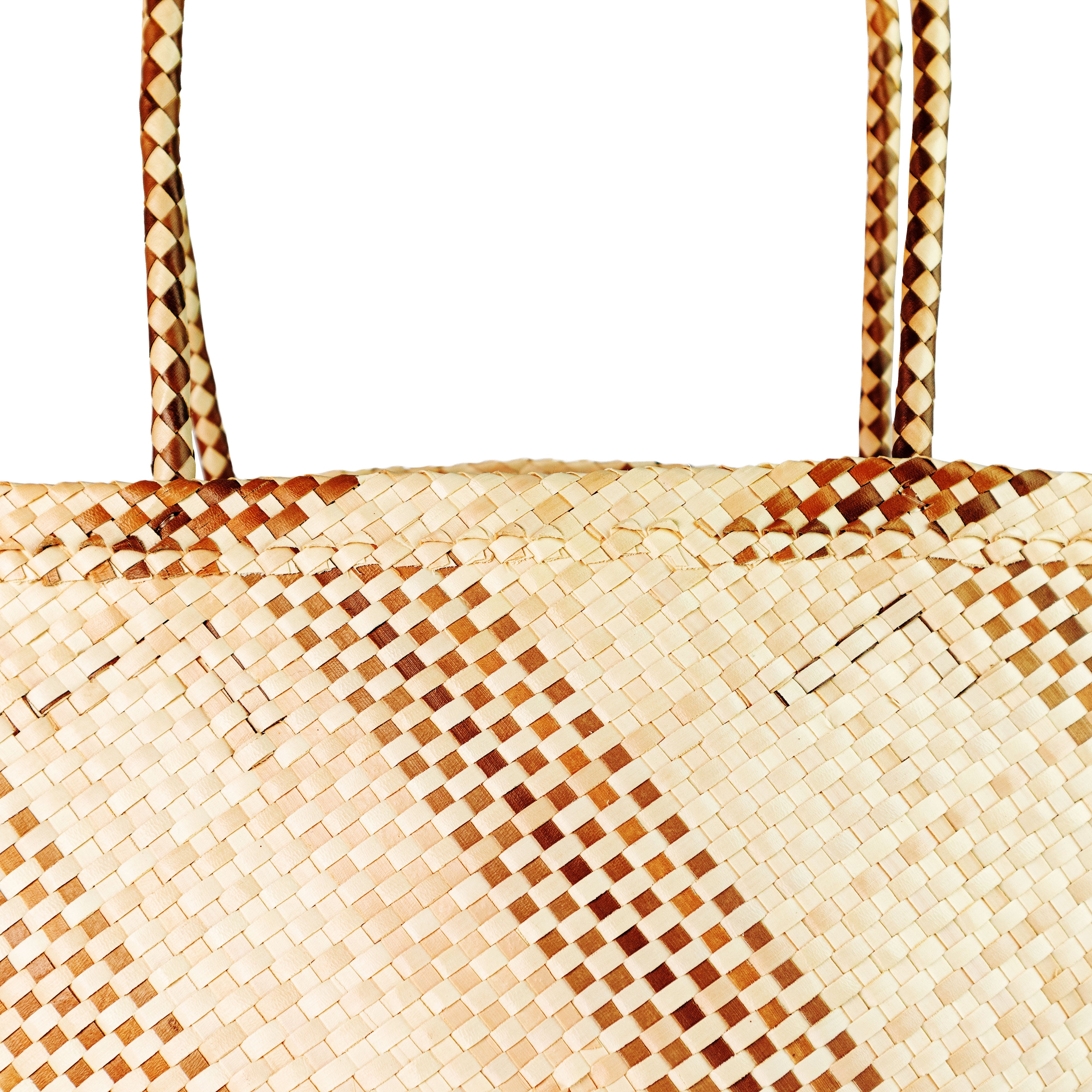 Detail view tan and natural shopper basket tote bag