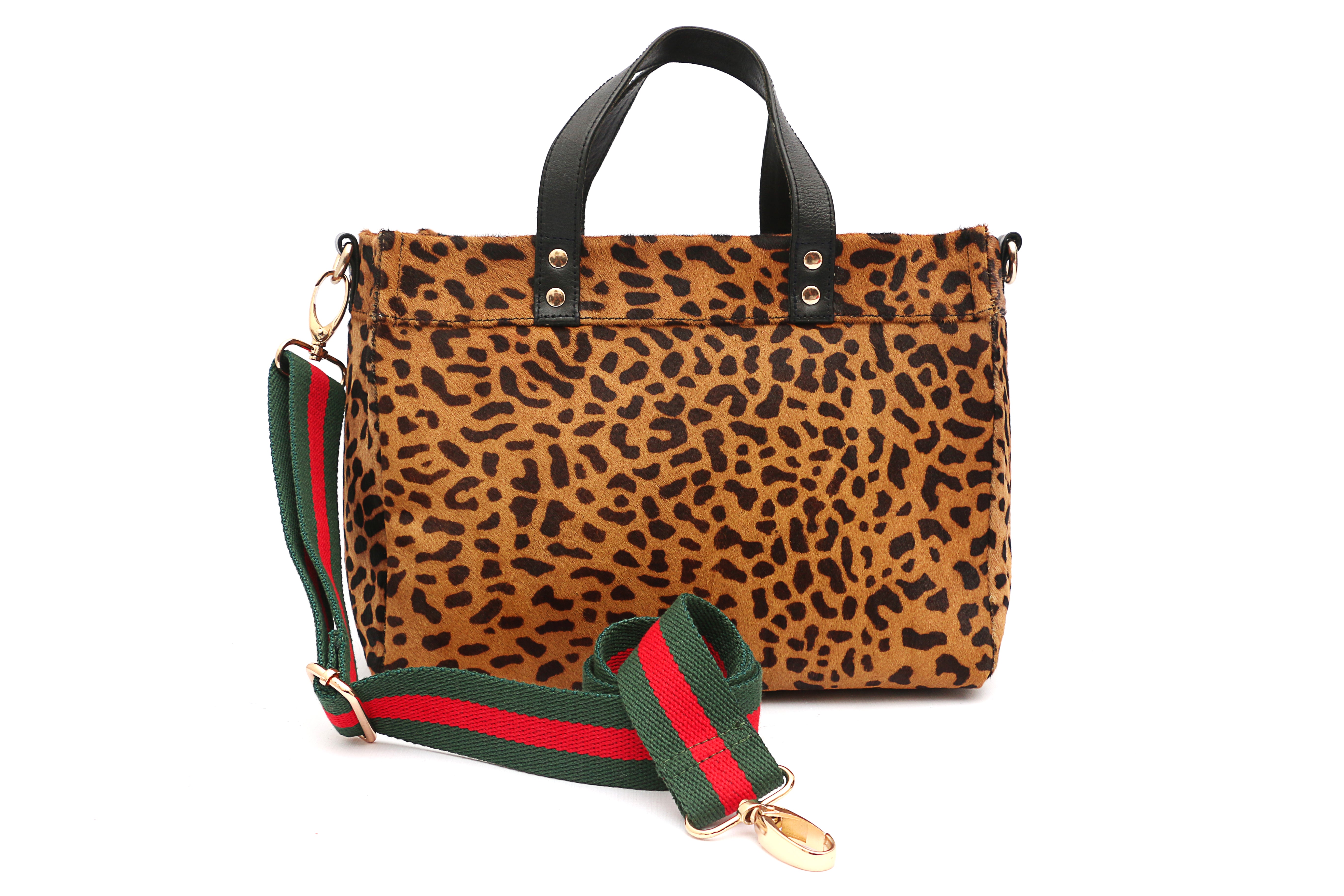 Exclusive Leopard print handbag with a green and red strap on a white background