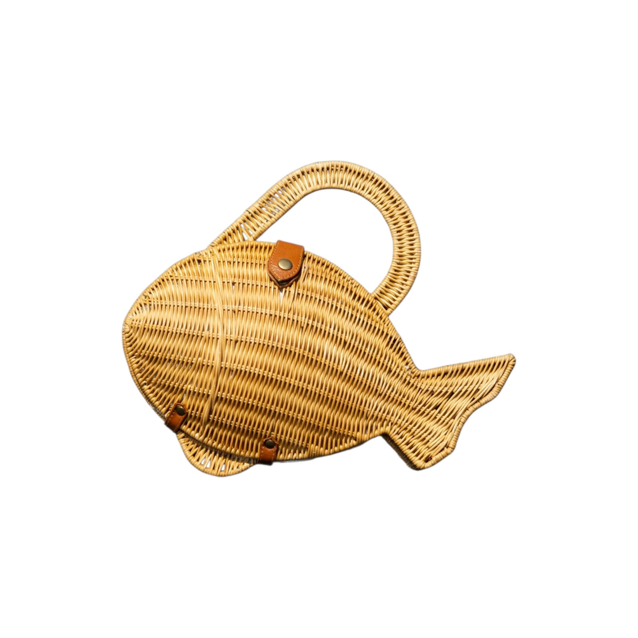 Handwoven natural rattan fish-shaped with top handle.