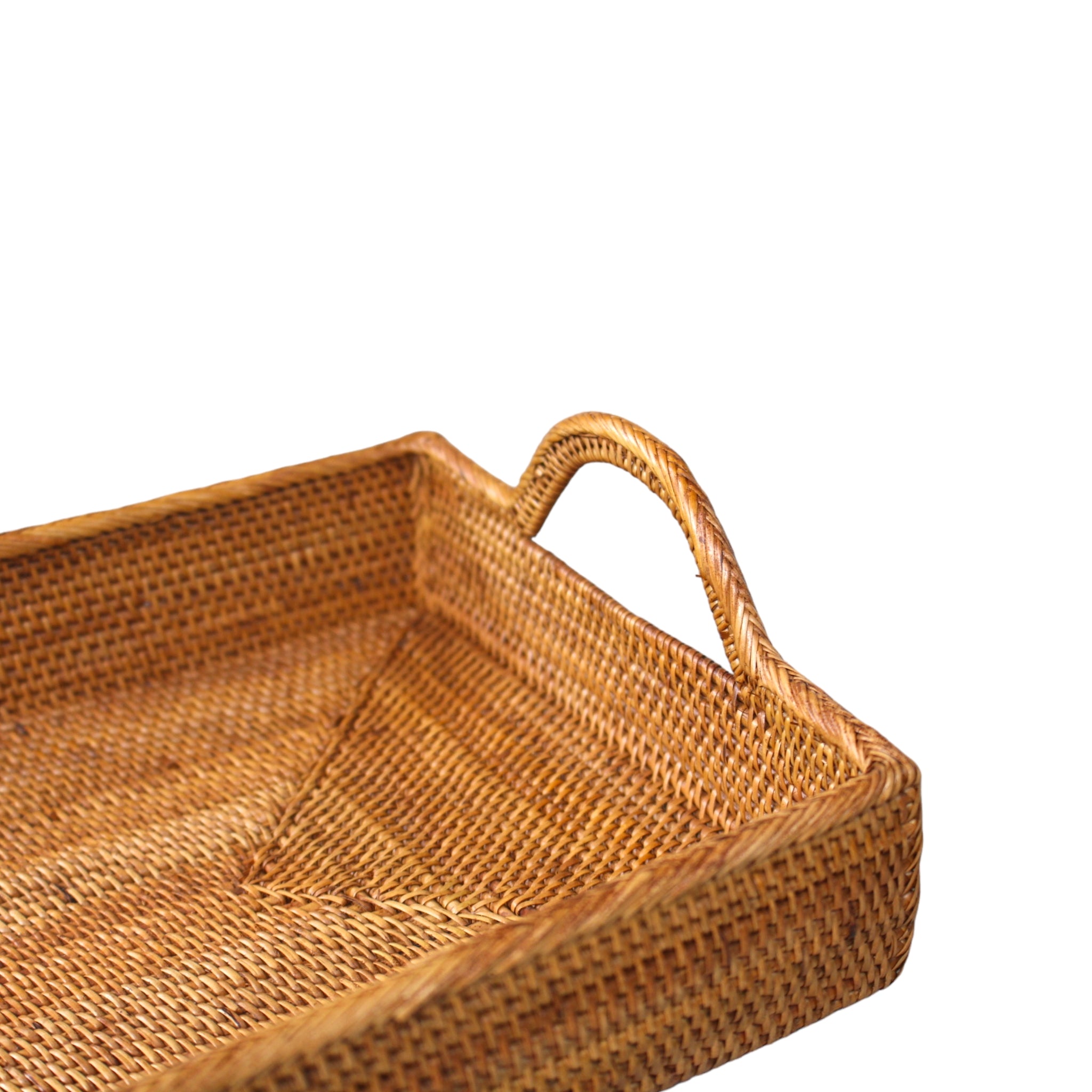 detail view honey rattan rectangle serving tray 