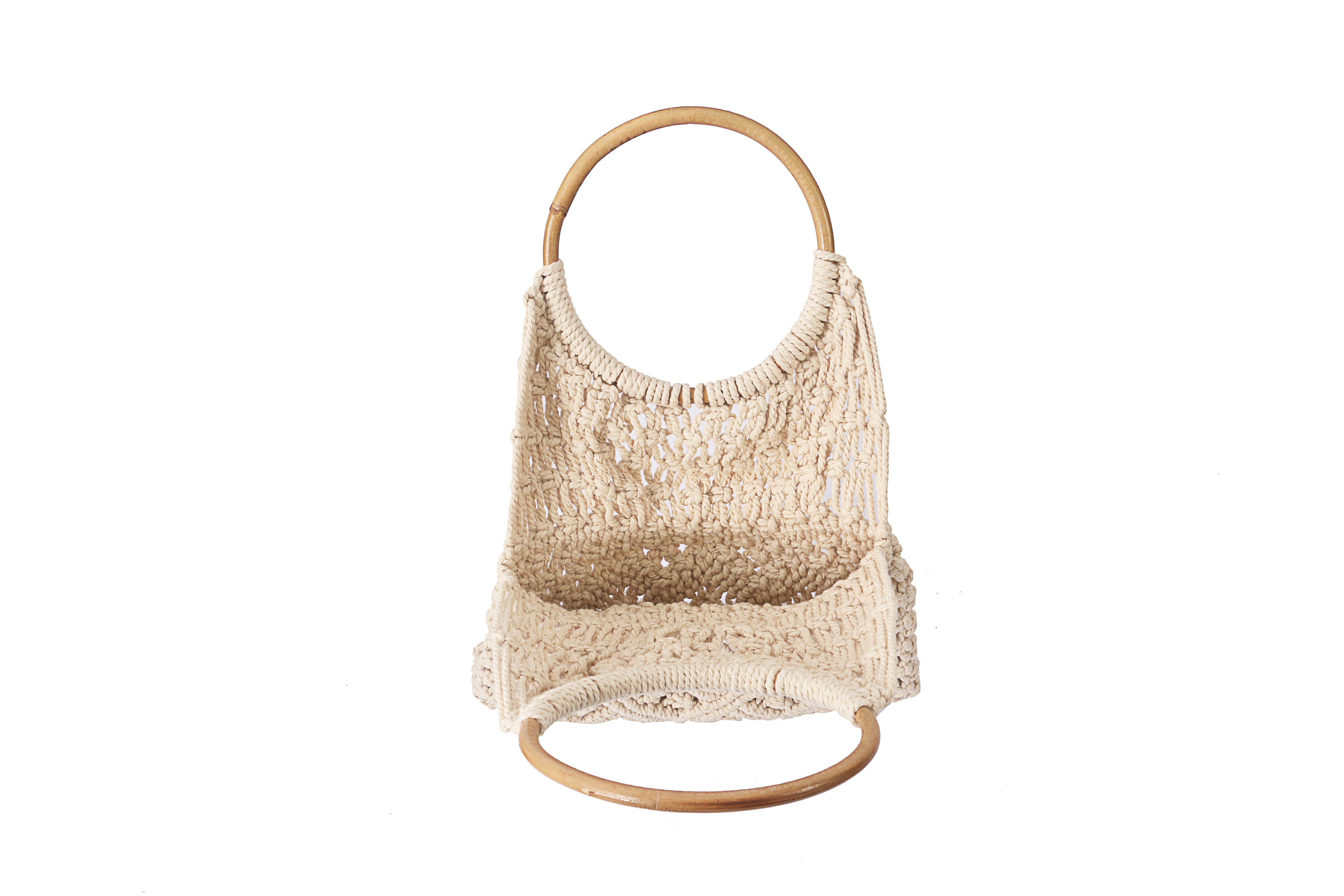 Inside view beige macrame top handle bag