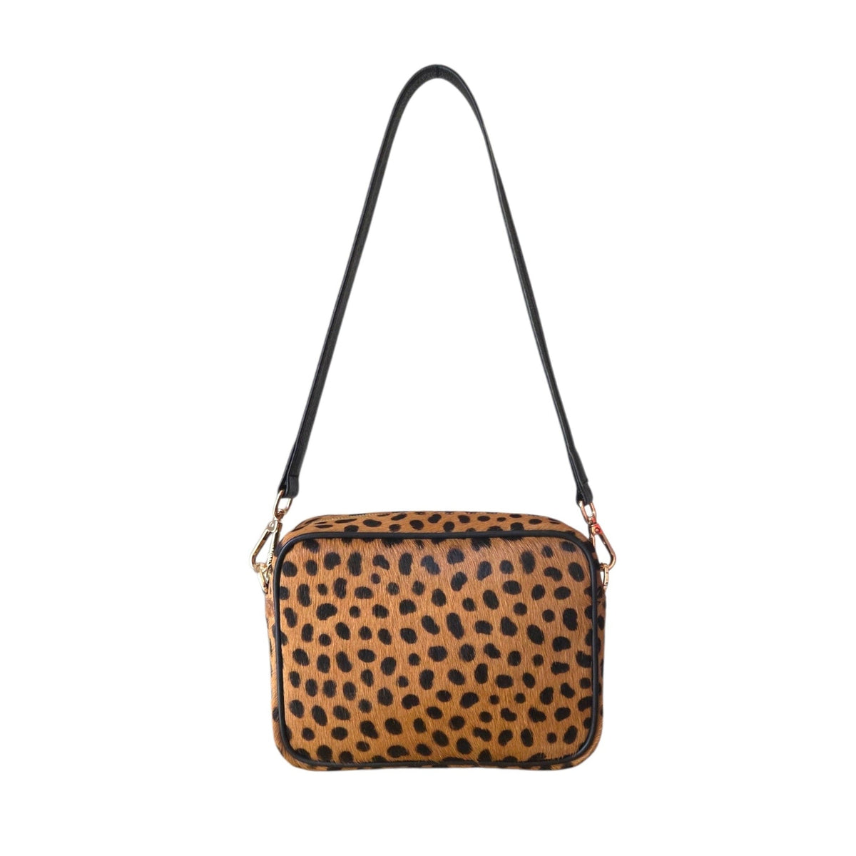 Leopard Animal Print Woman Camera bag with black leather shoulder strap.