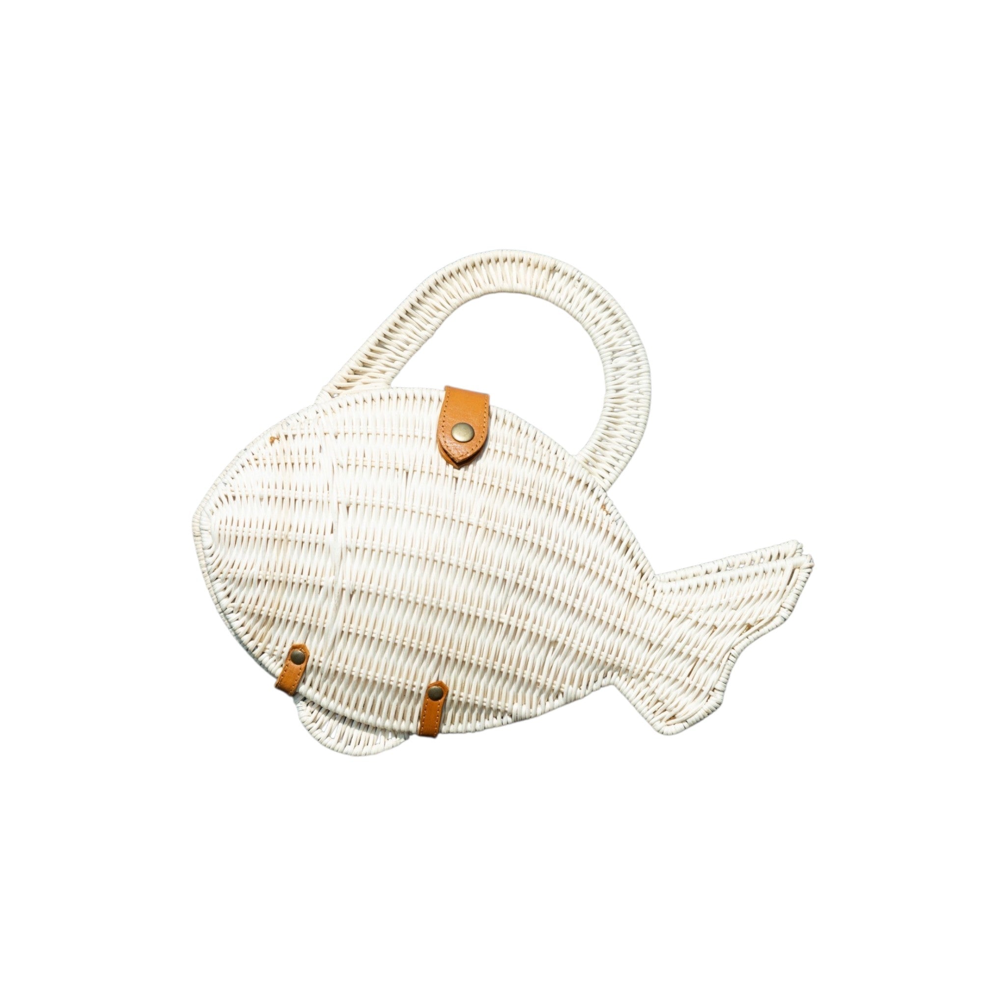 A fish-shaped rattan handwoven handbag with a curved top handle and small tan leather accents.