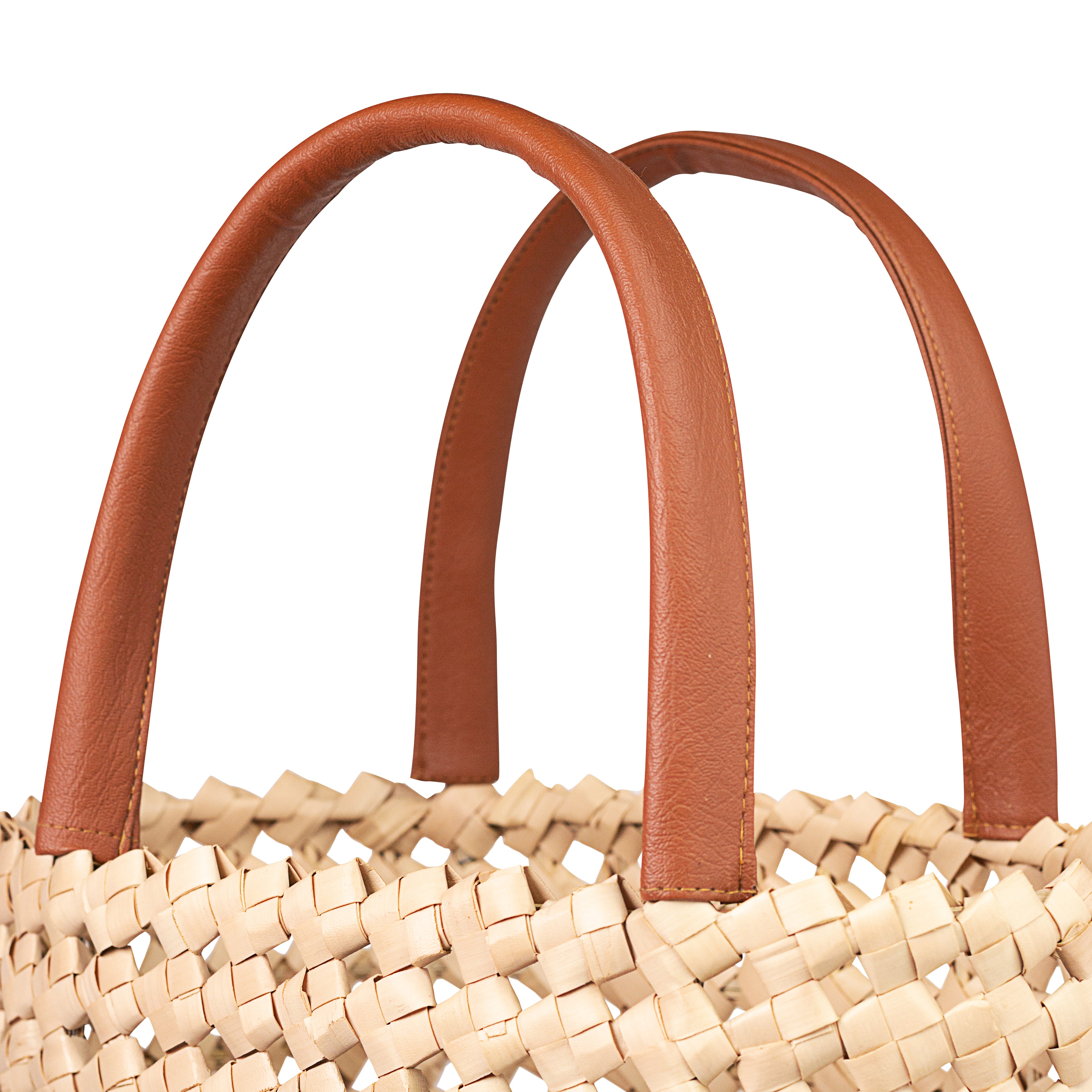 detail view Natural Mesh Tote Basket Bag with tan leather handle 