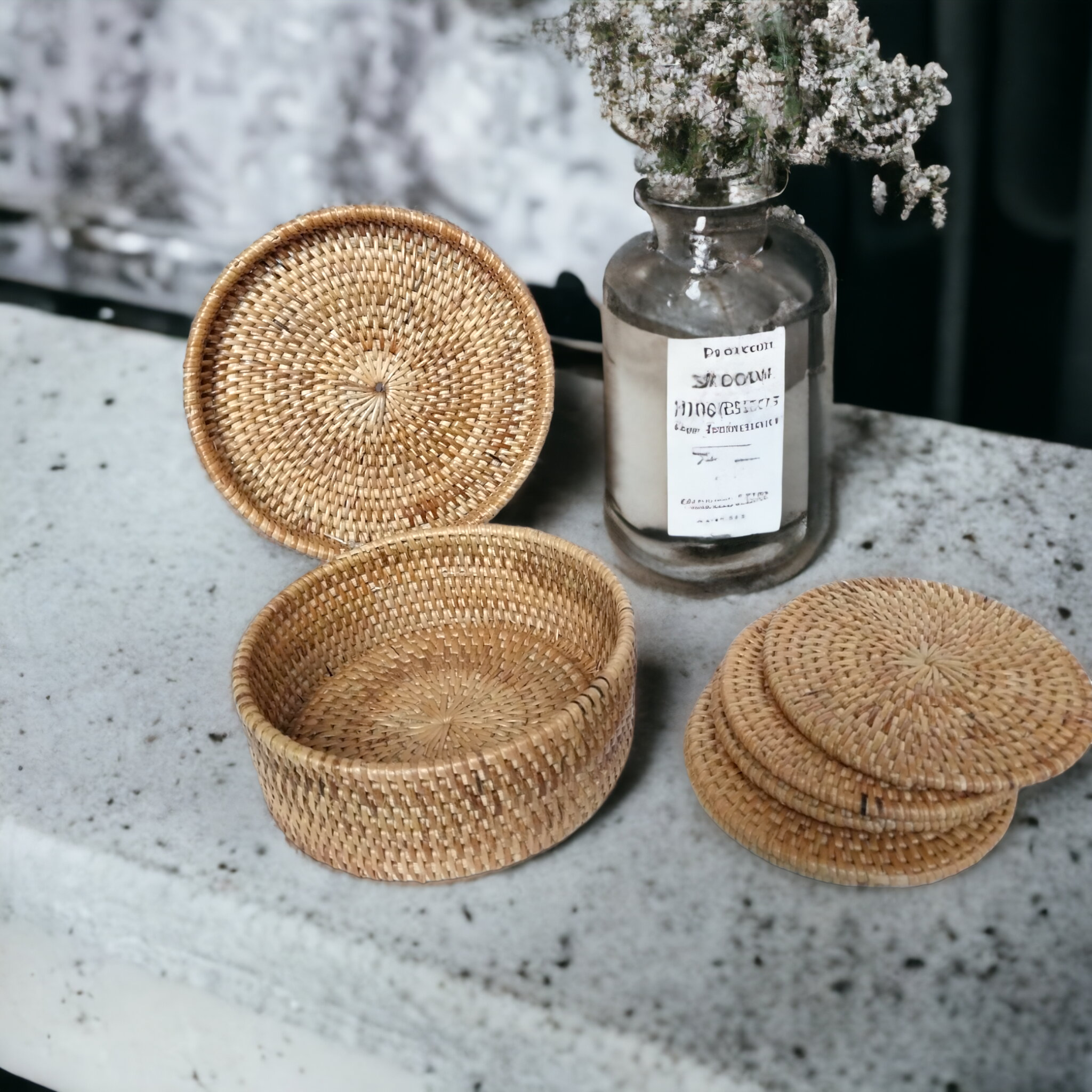 Honey color Rattan woven coaster set of 6 with storage box