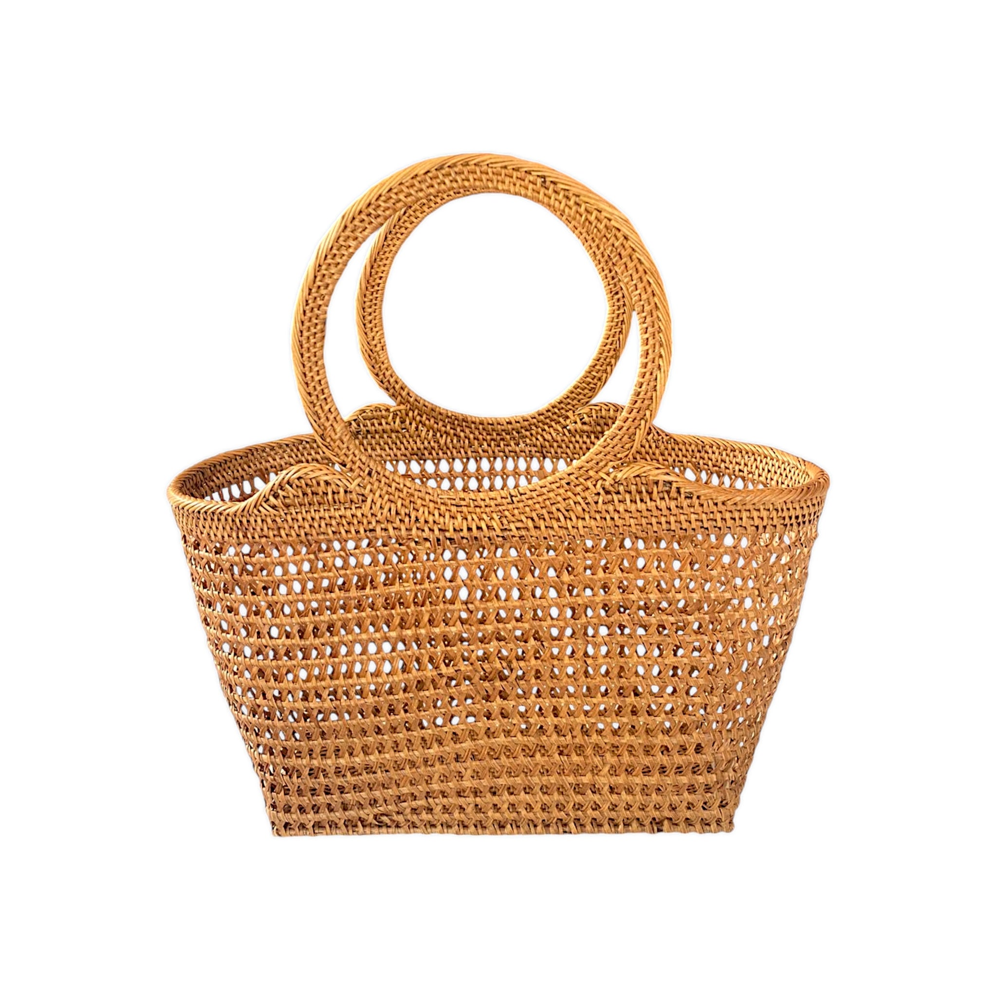 Top Handle Honey Brown Woven Rattan Tote Bag