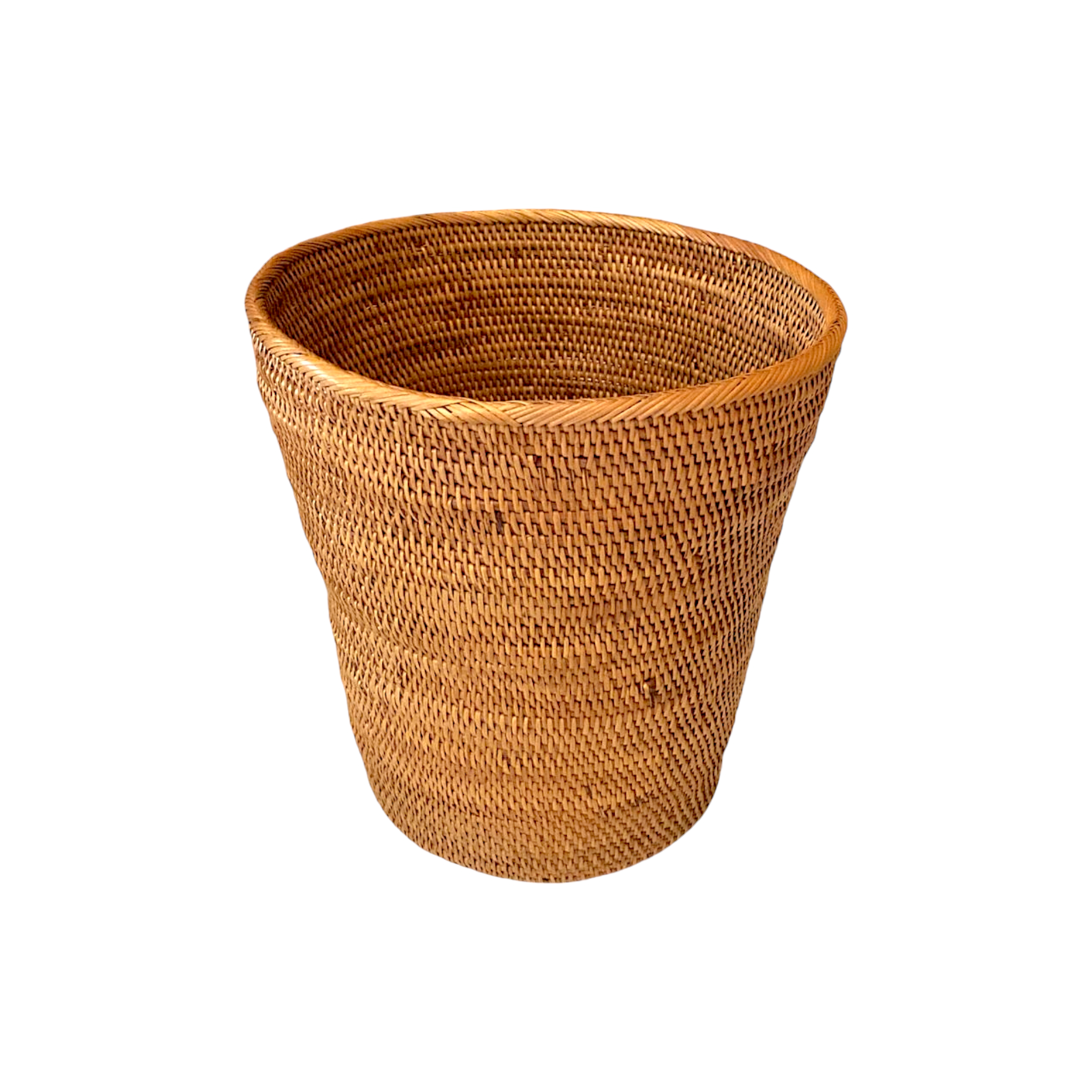 Honey-brown woven waste basket on white background