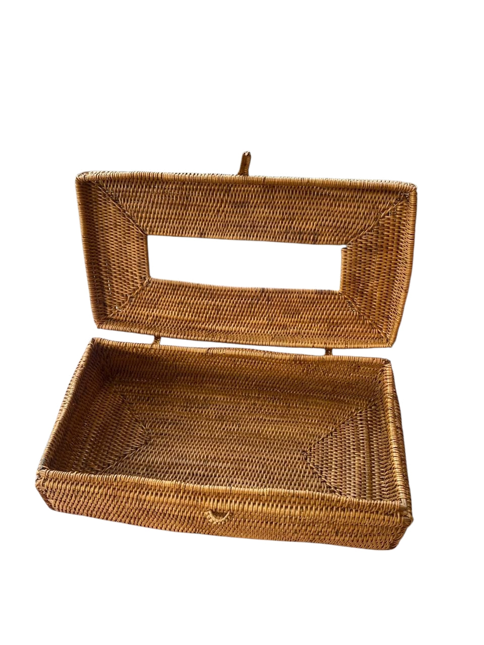 Interior view of the intricate handwoven ata rattan texture and lid detail on a rectangle tissue box cover