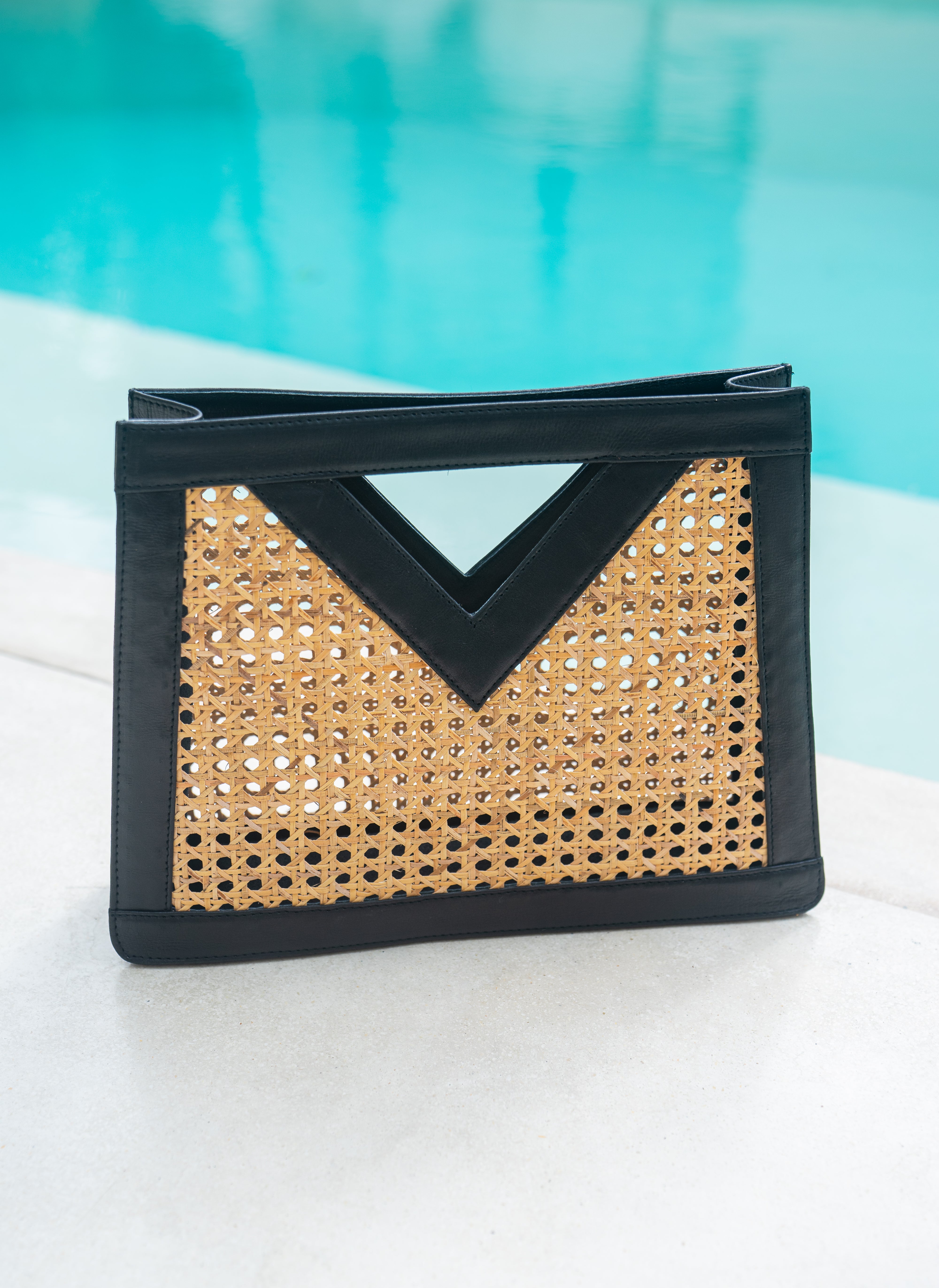 Black Leather Trim and Open Weave Rattan Cane Webbing Top Handle Basket Tote Handbag for Women