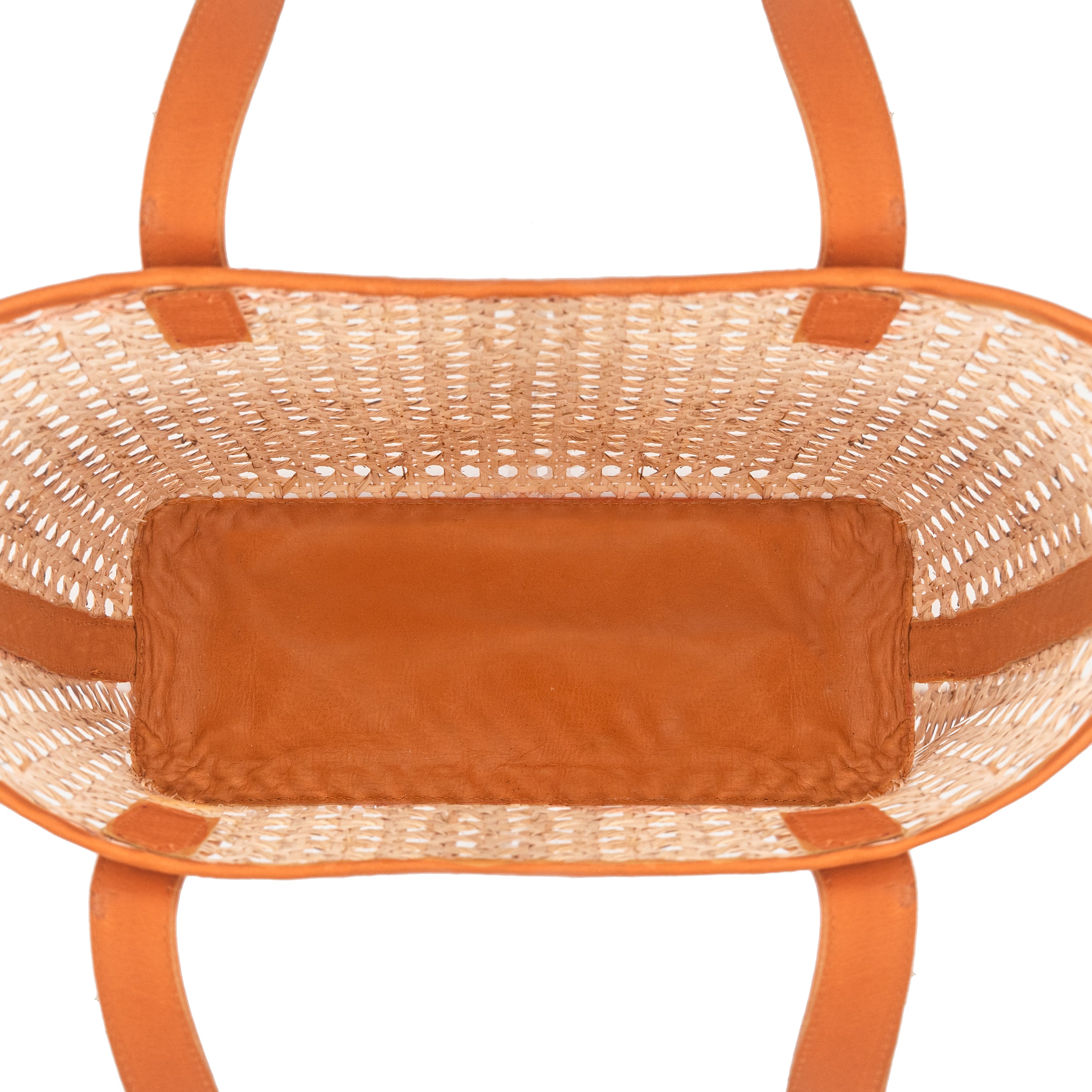inside view rattan cane open weave webbing and leather tote shoulder handbag