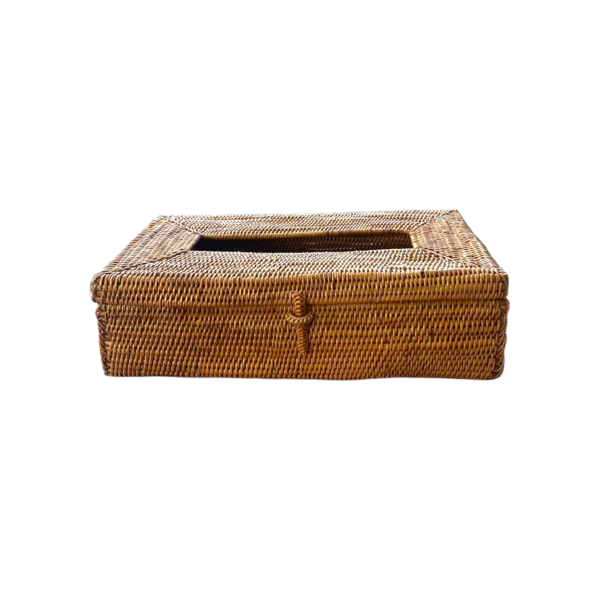 Handwoven rattan rectangle tissue box cover in natural honey-brown ata weave with secure lid closure.