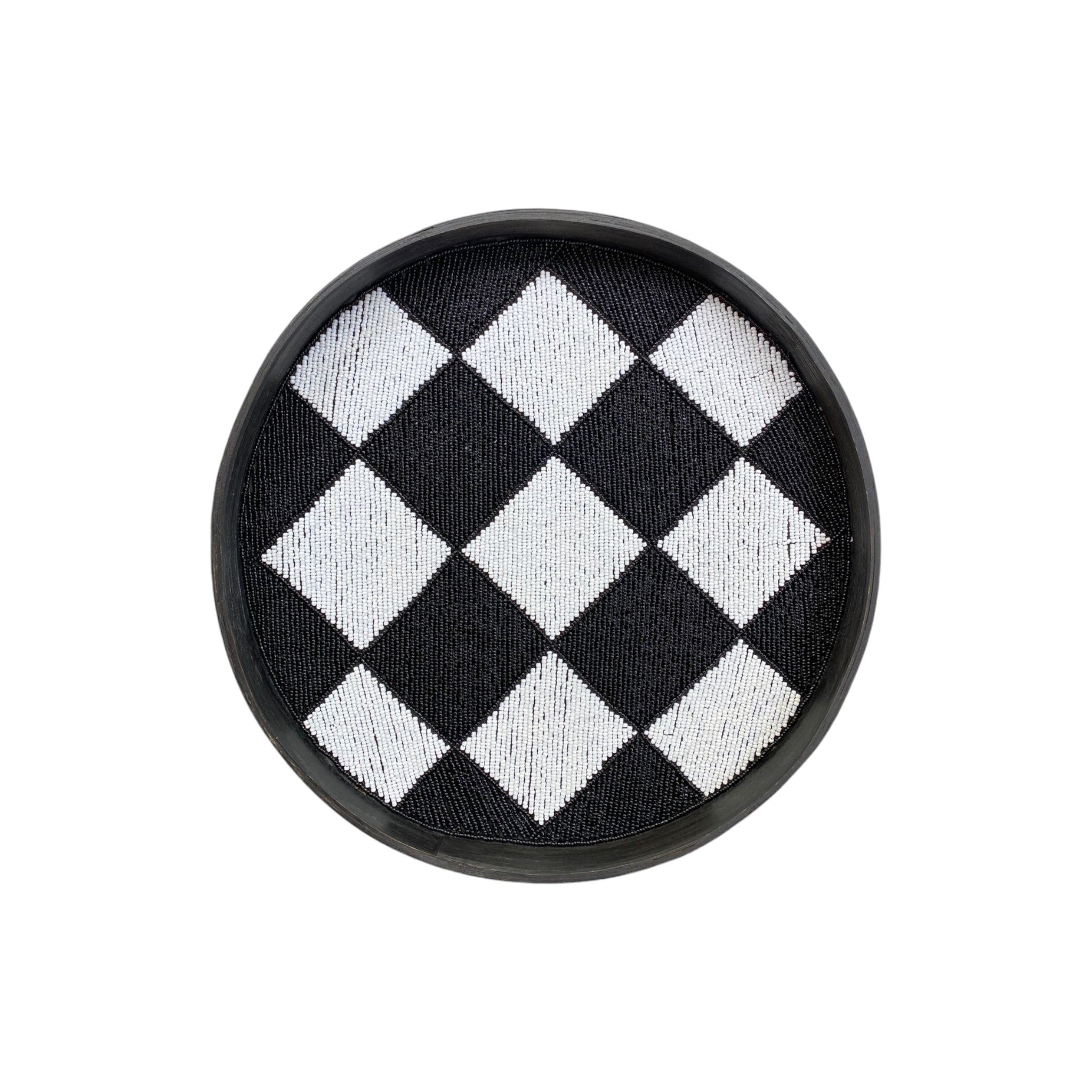 Round Black and White Checkered Geometric Moroccan Serving Tray Large