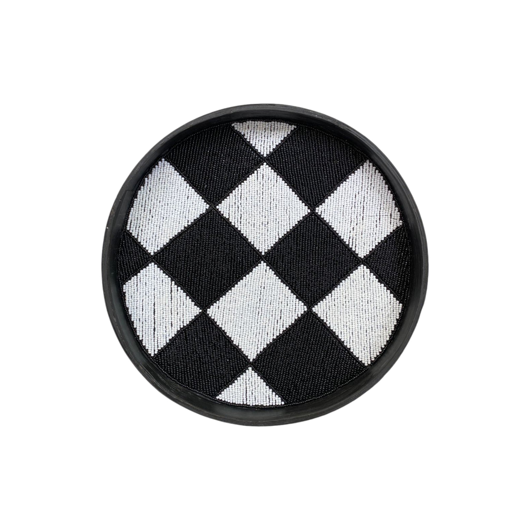 Round Black and White Checkered Geometric Moroccan Serving Tray Small
