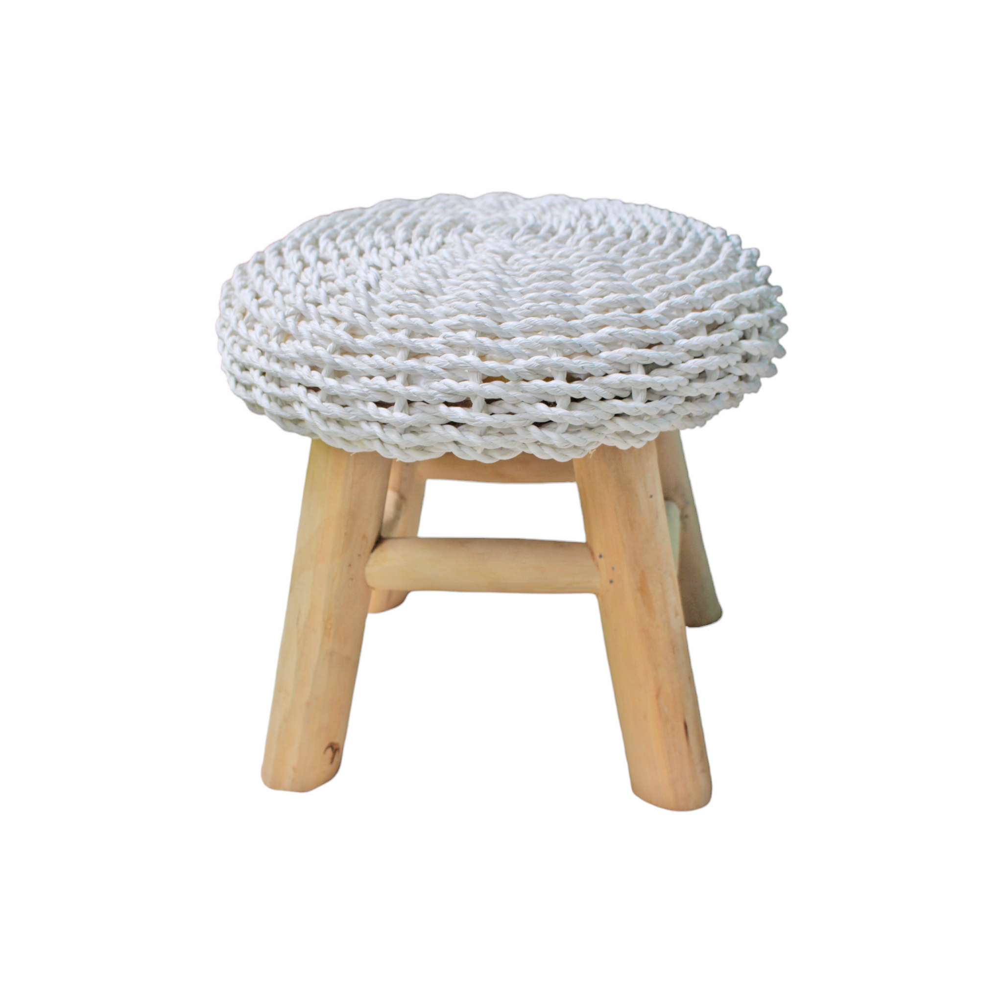 Round Ottoman White Seagrass Foot Stool with teak wood legs