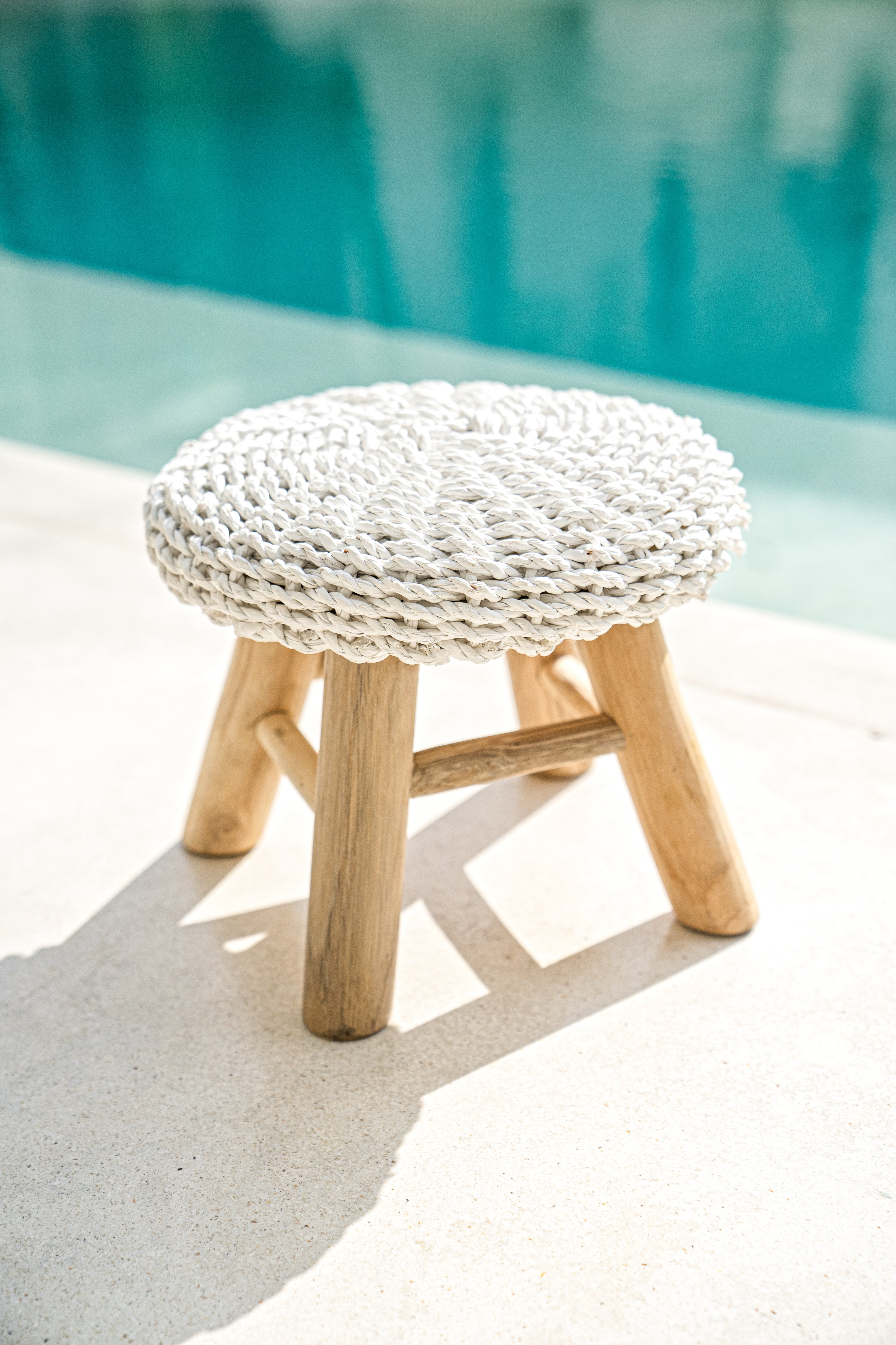 Round Ottoman Seagrass White Stool with teak wood legs