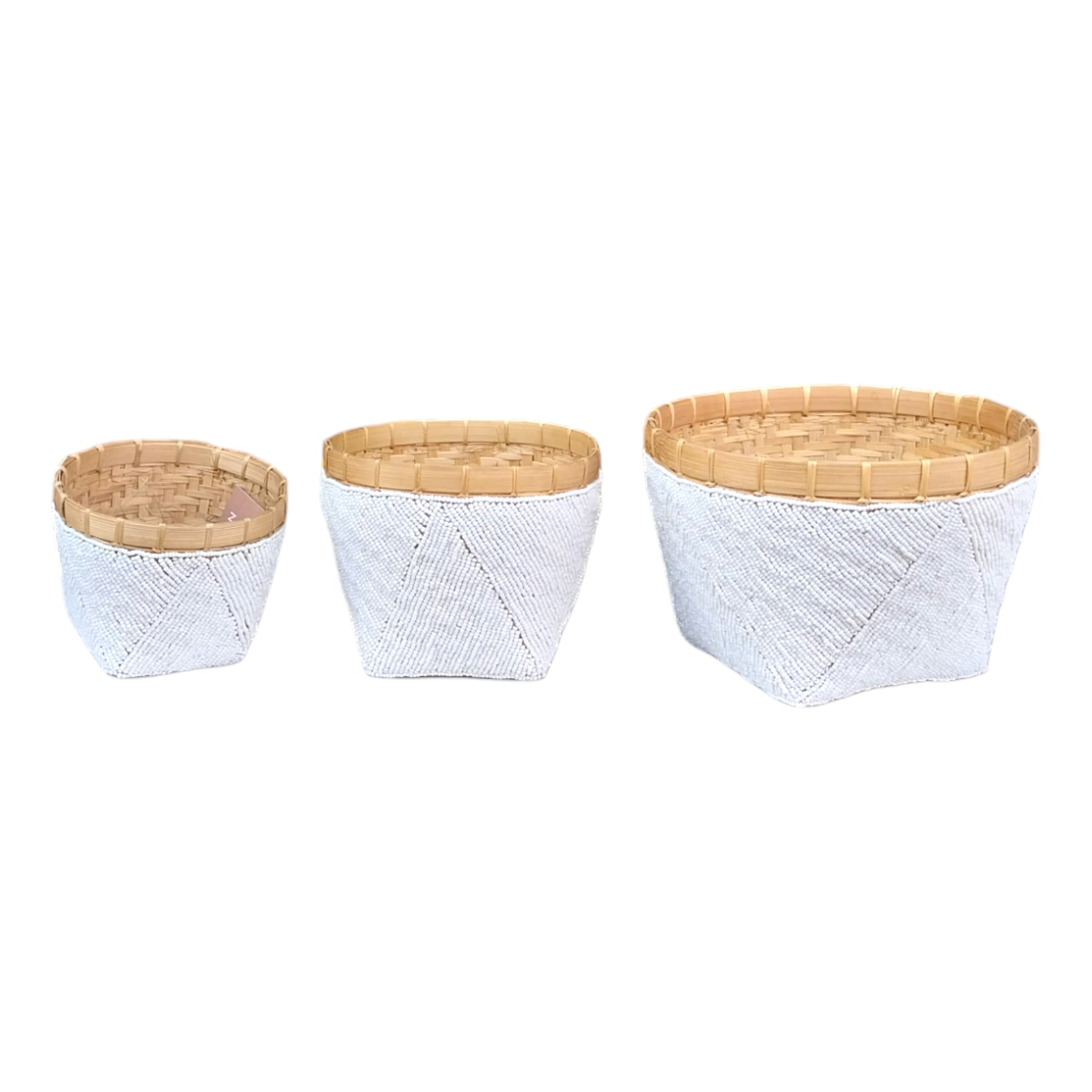 Set of 3 Small Medium Large White Beaded Decorative Basket Planter Storage Made in Bali Indonesia