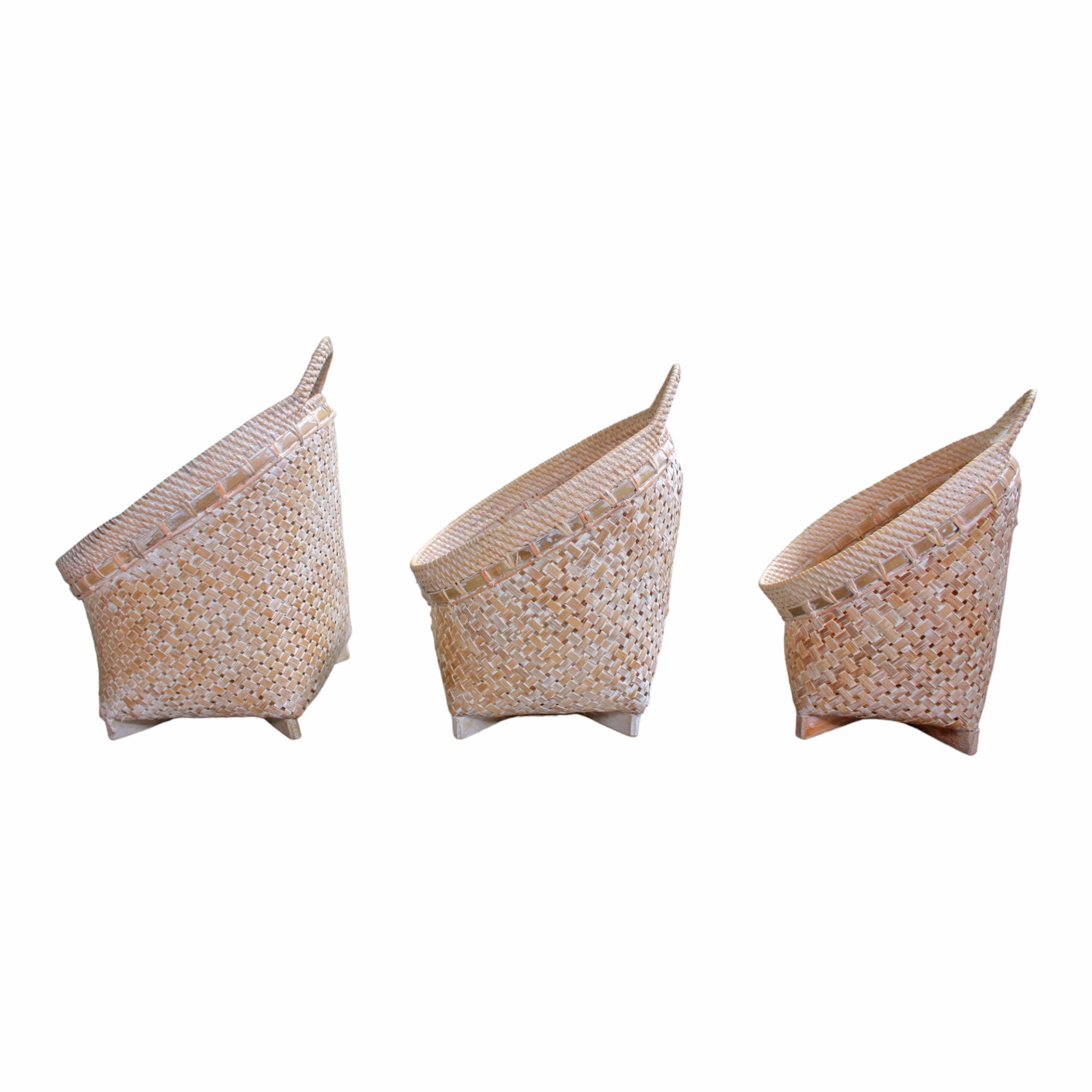 Set of 3 White Wash Bamboo Basket