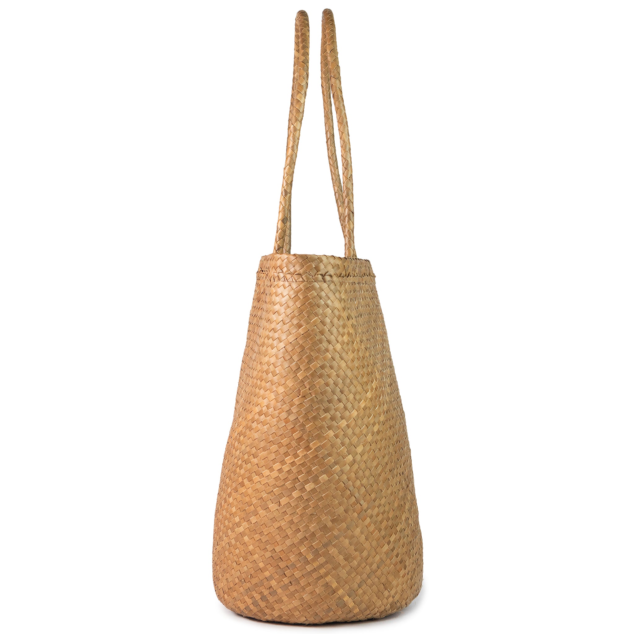 Side view of tan shopper tote palm leaf tote bag