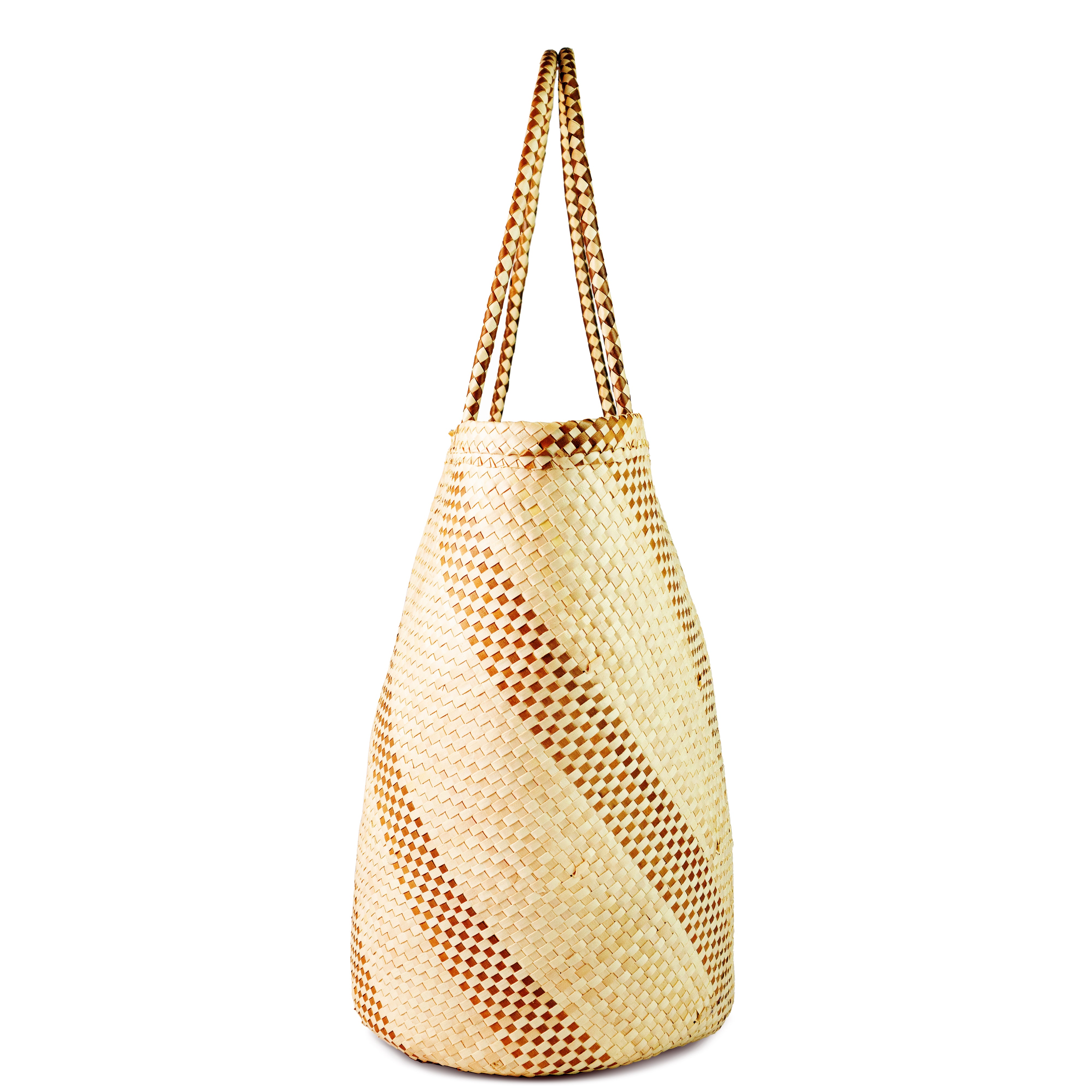 full side view tan and natural tote shopper shoulder bag