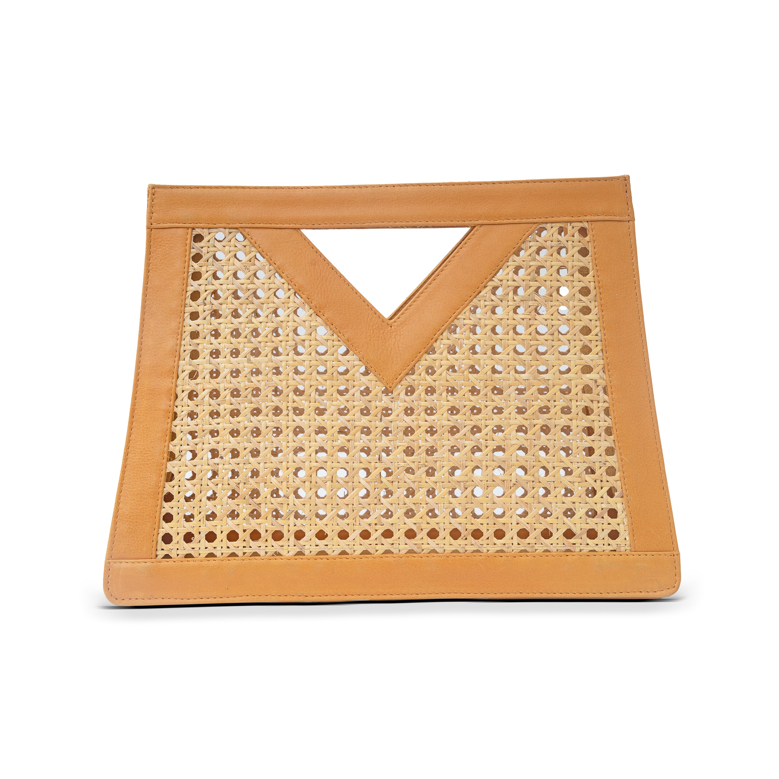 Tan Leather Trim and Rattan Cane Open Weave Top Handle Tote Handbag