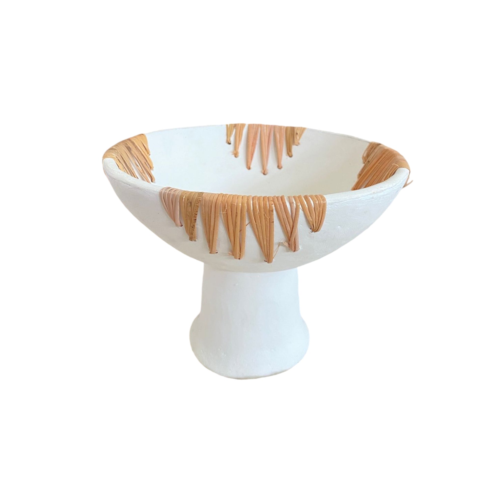Ceramic White Pedestal Bowl with Rattan