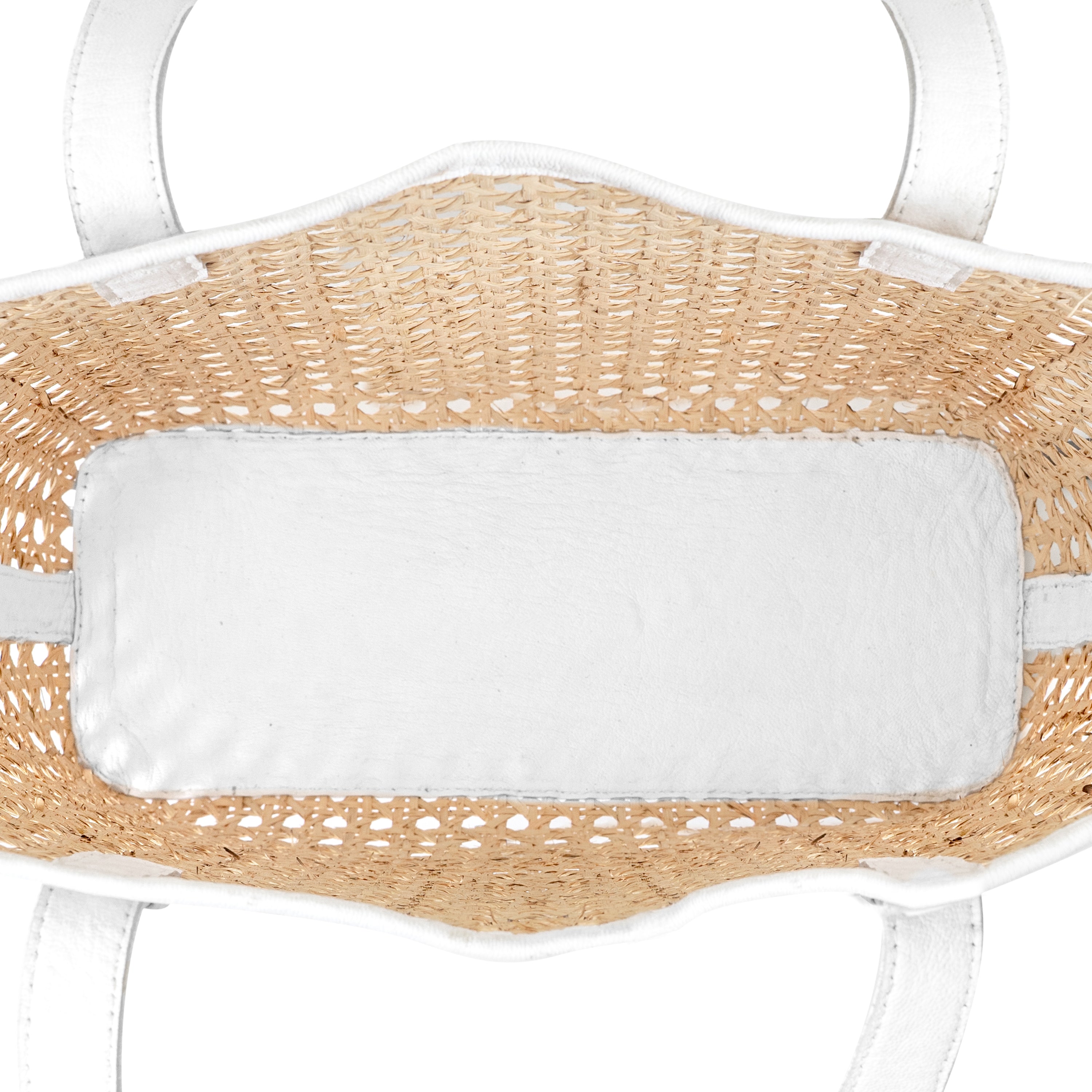 inside view rattan cane white leather trim open weave everyday market basket shoulder tote handbag
