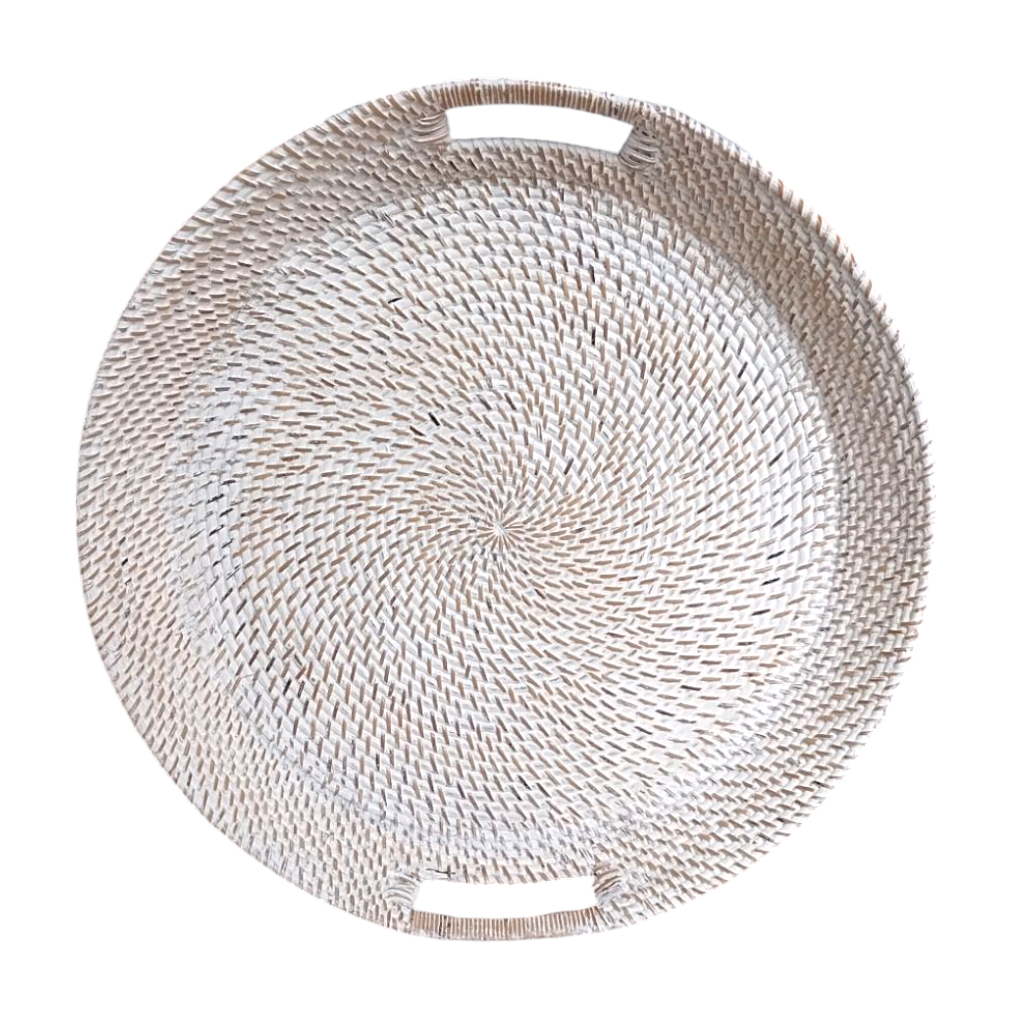 White wash rattan serving tray with handles