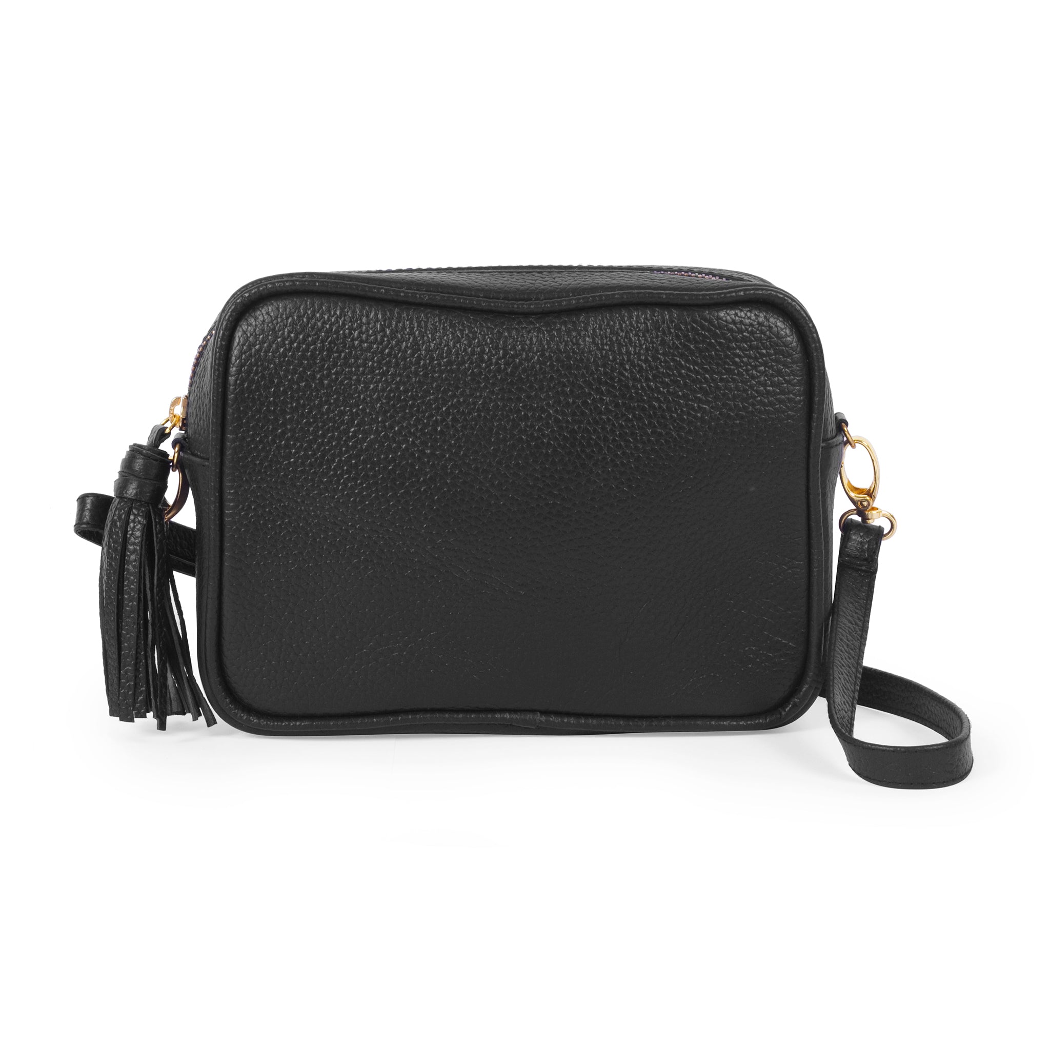 Black Cowhide Leather Camera Crossbody Bag