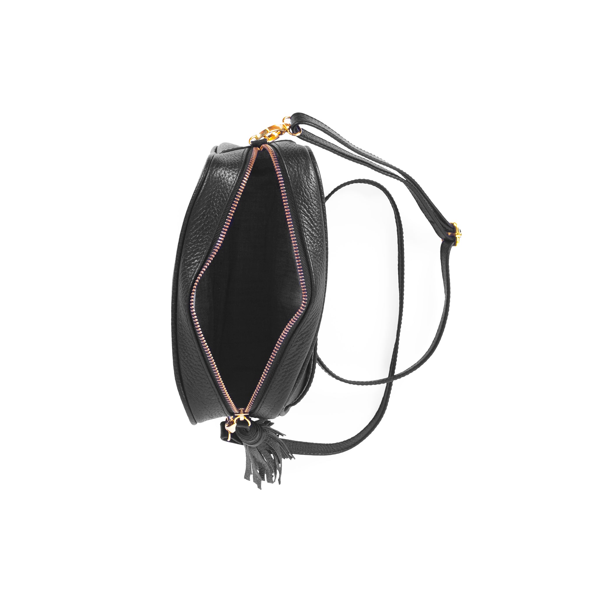 interior view black cowhide leather camera bag