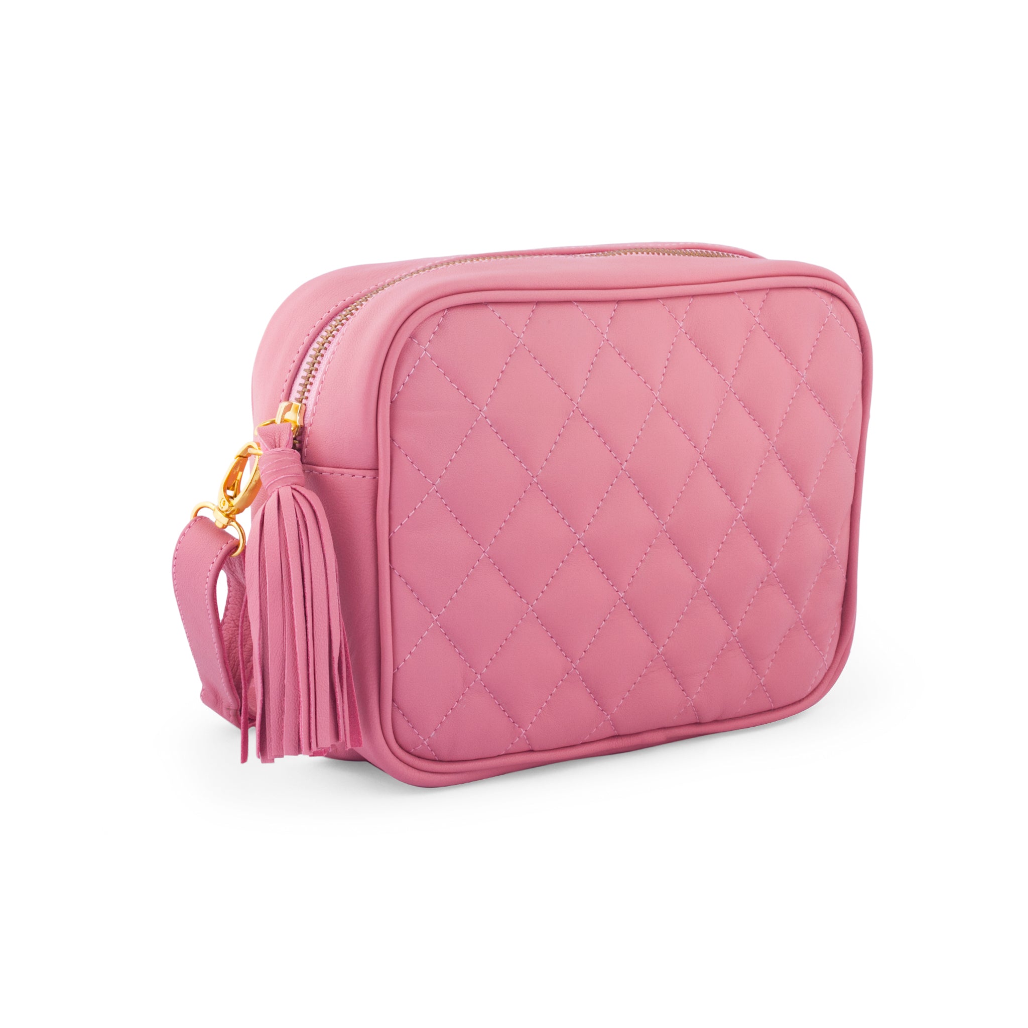 side view dark pink square crossbody leather camera bag