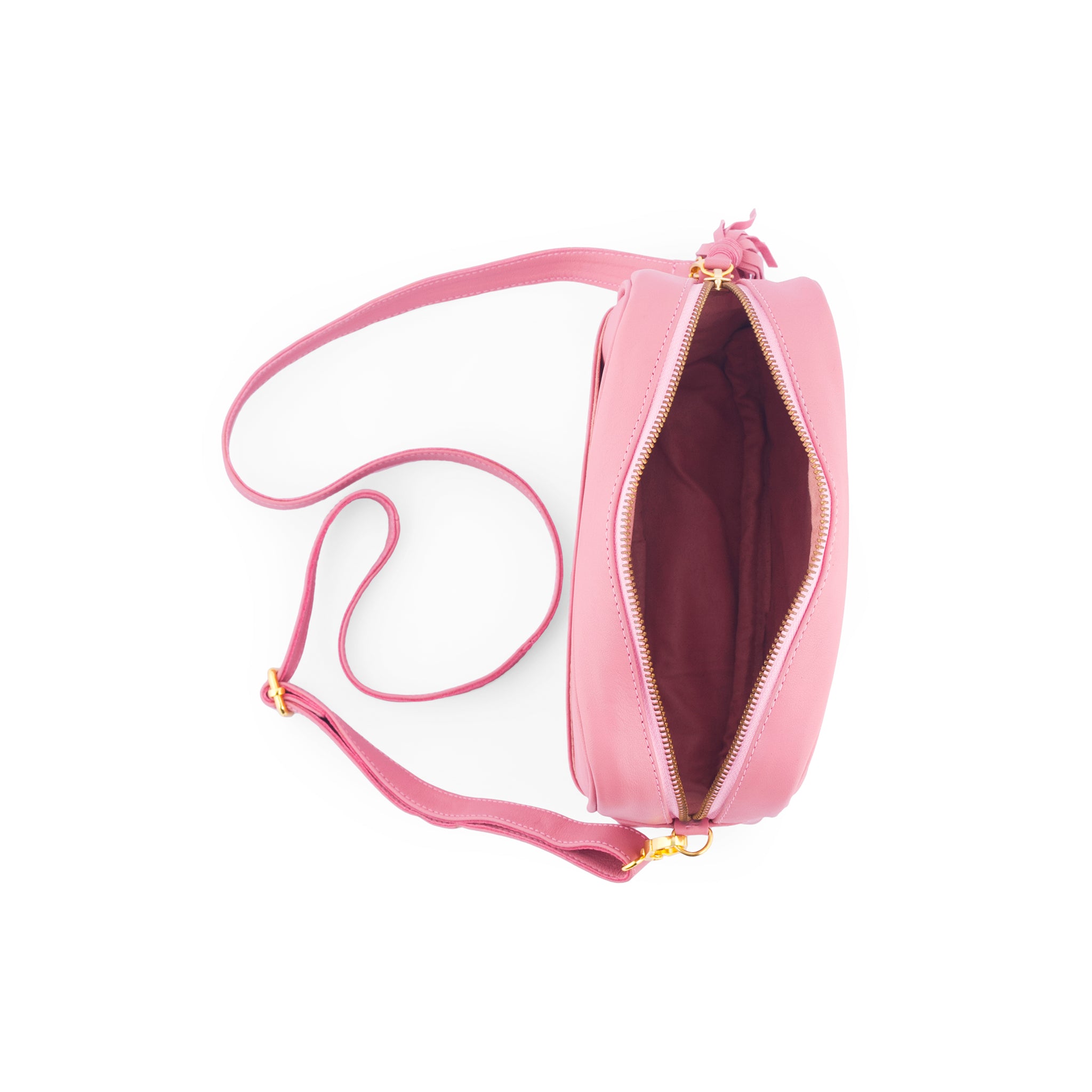 inside view dark pink square leather crossbody camera bag