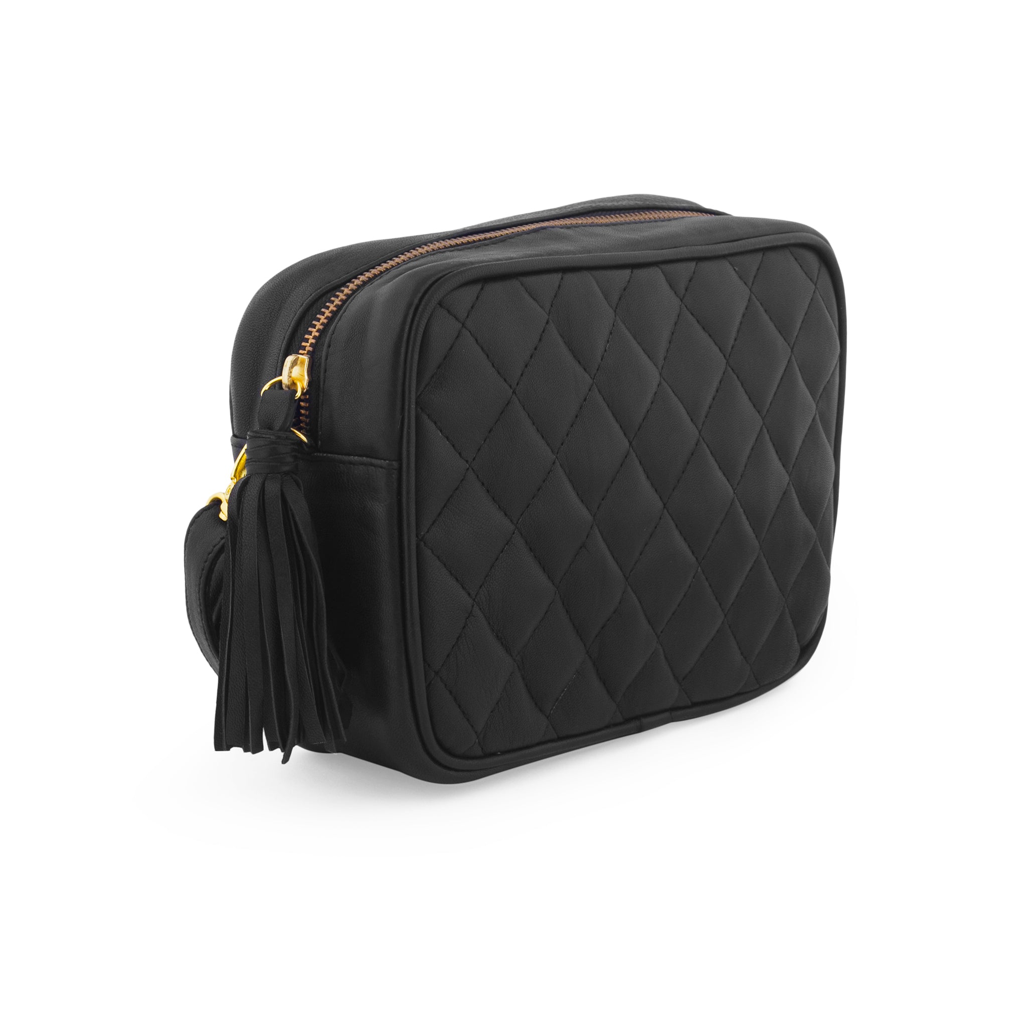 Side view black quilted square leather camera crossbody bag