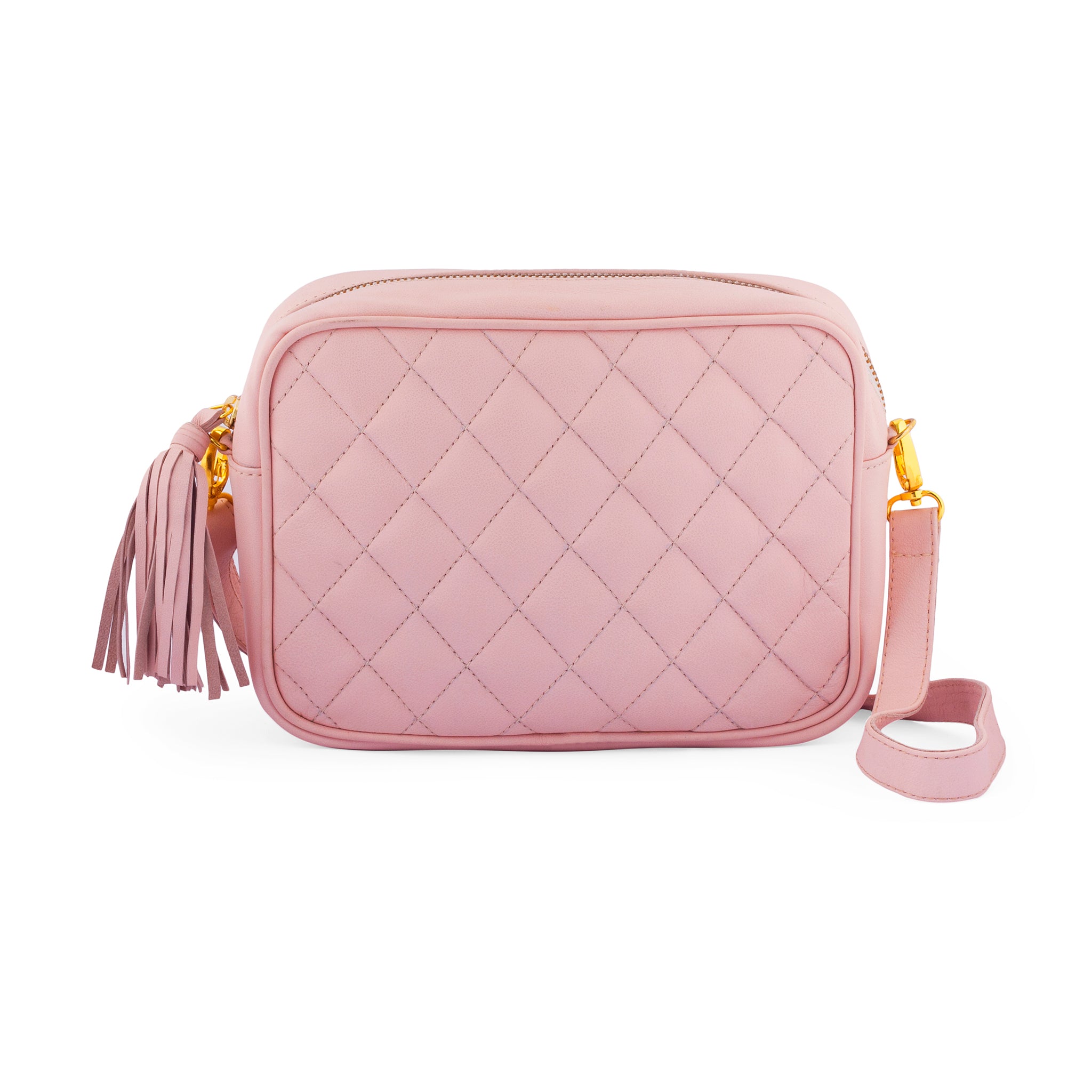 light pink quilted square leather camera bag