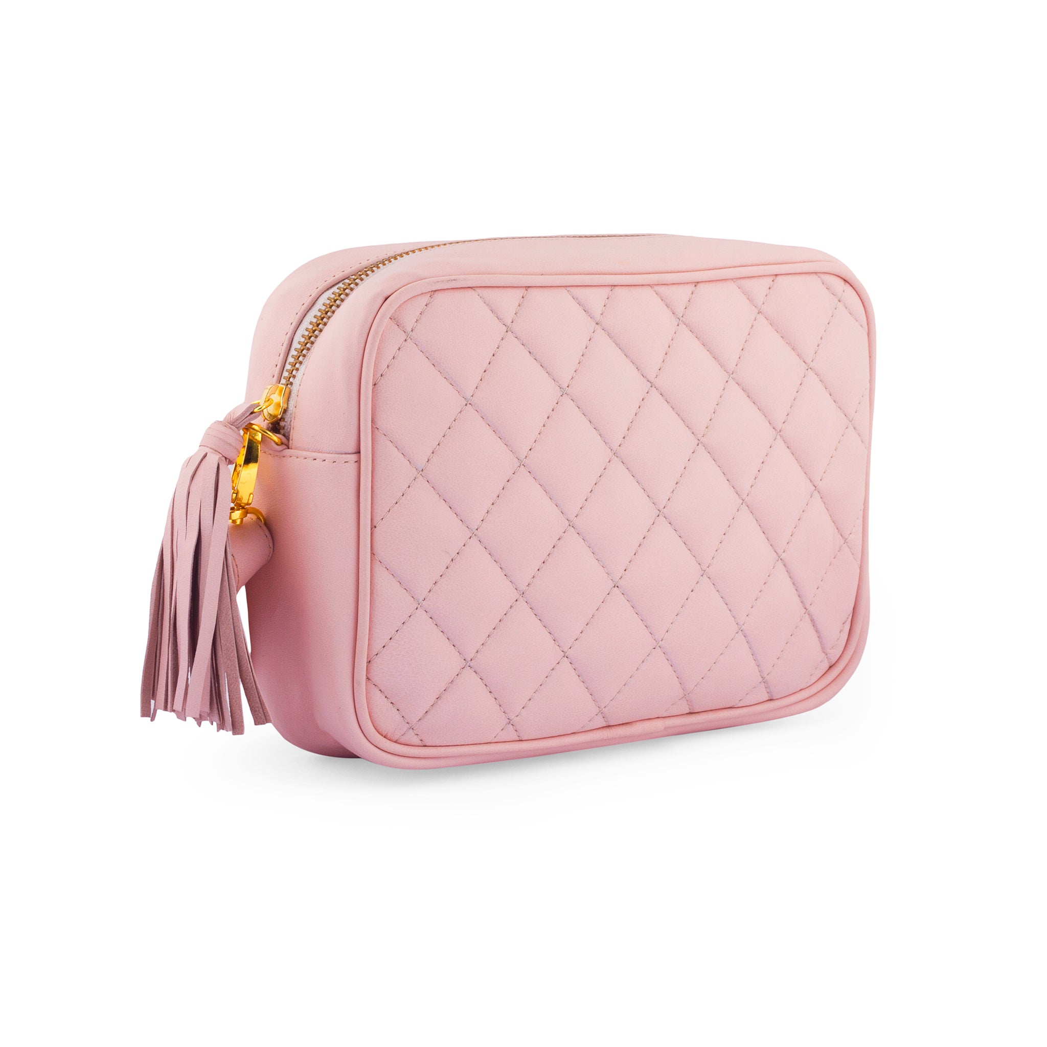 side view light pink square leather camera bag