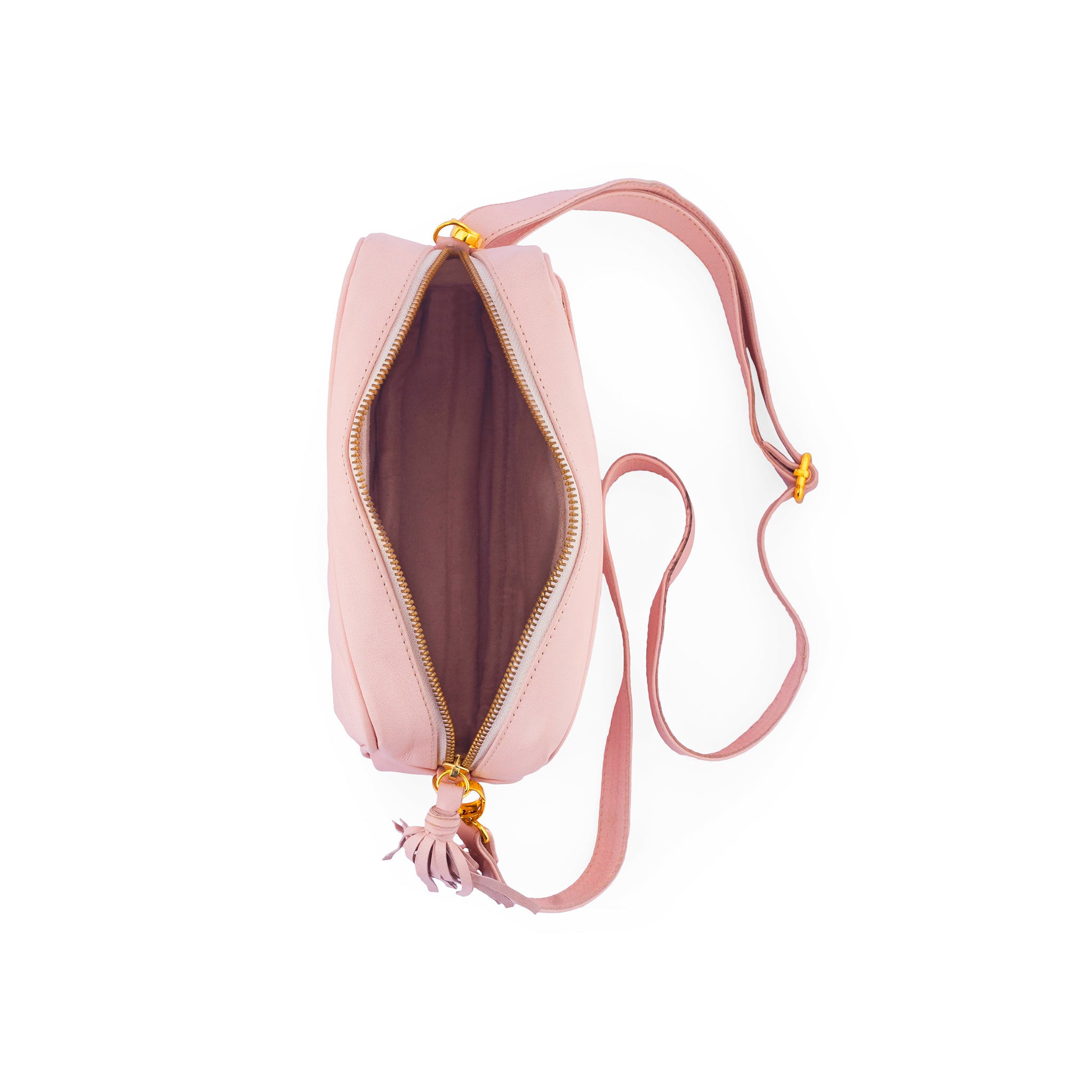 inside view pink quilted square leather crossbody camera bag