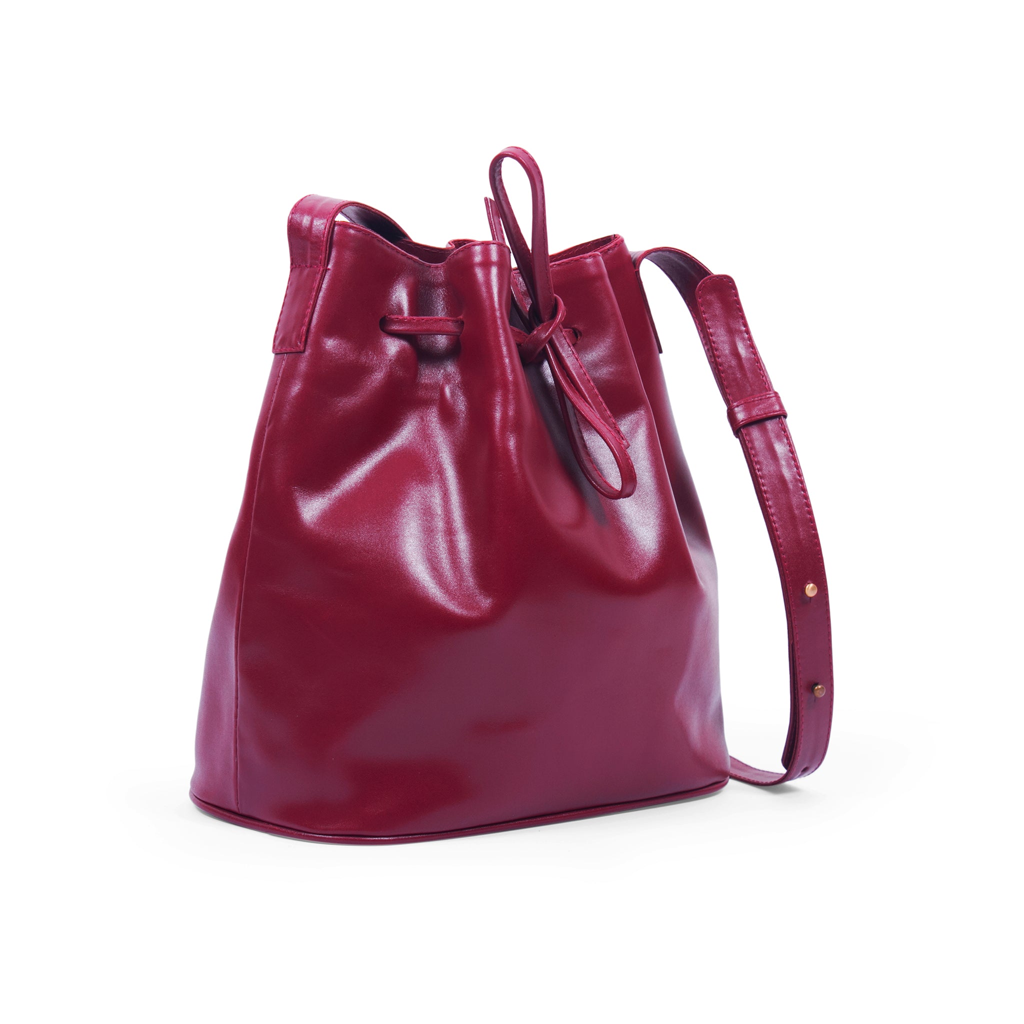 side view crossbody leather bucket shoulder handbag