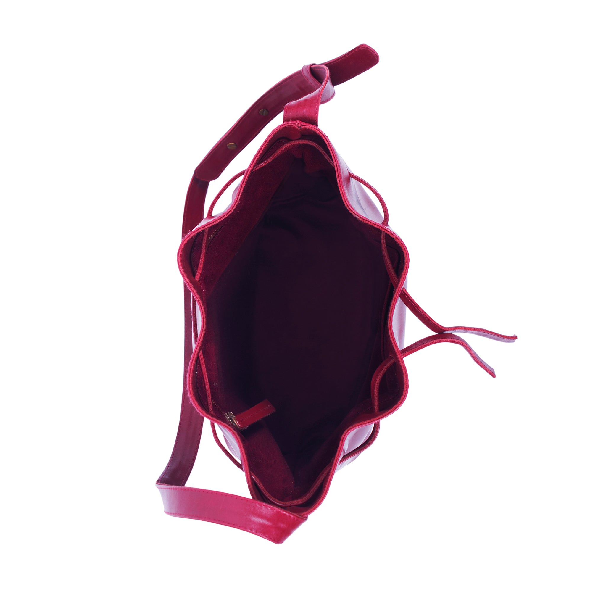 Interior view leather crossbody bucket shoulder handbag