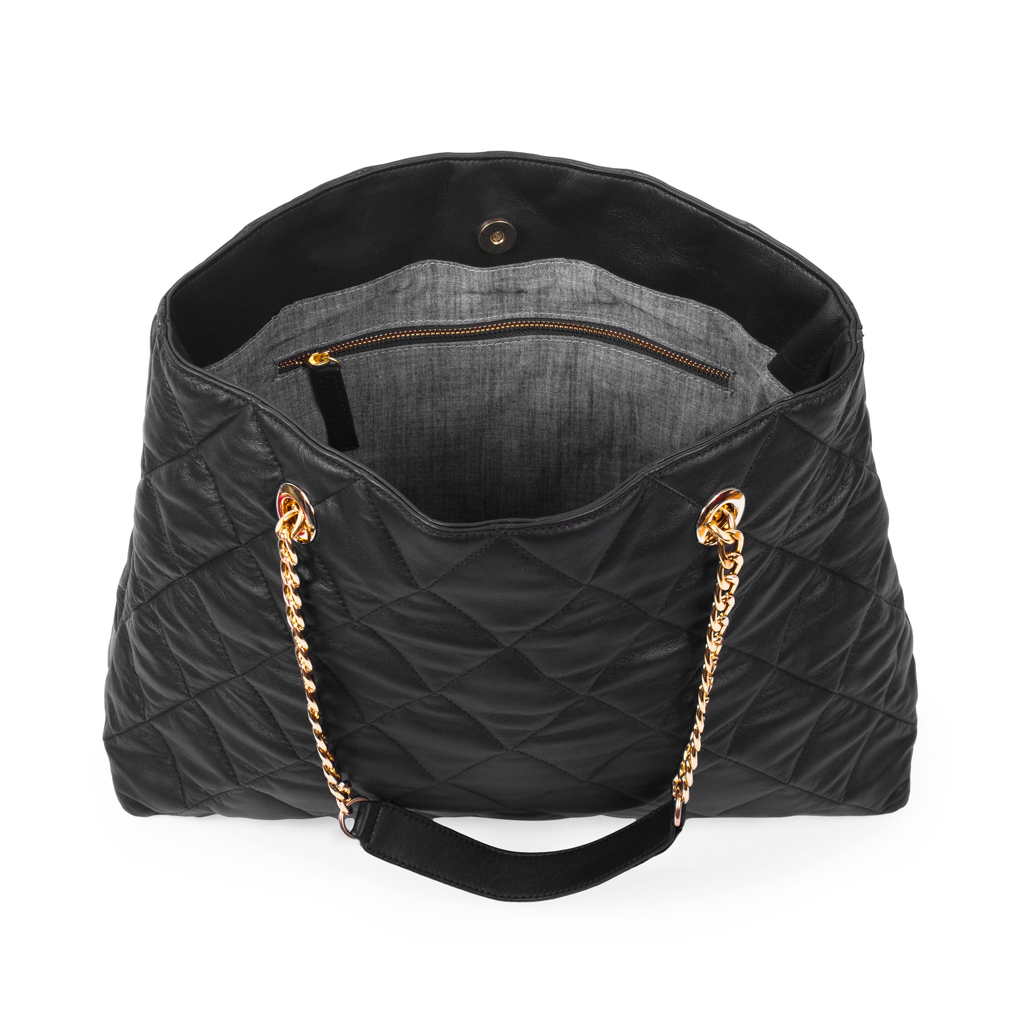 Inside view quilted leather tote shoulder bag
