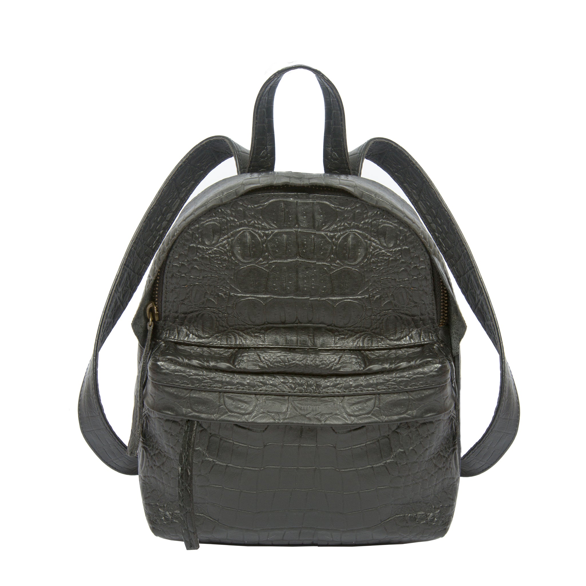 front view croco embossed black leather mini backpack