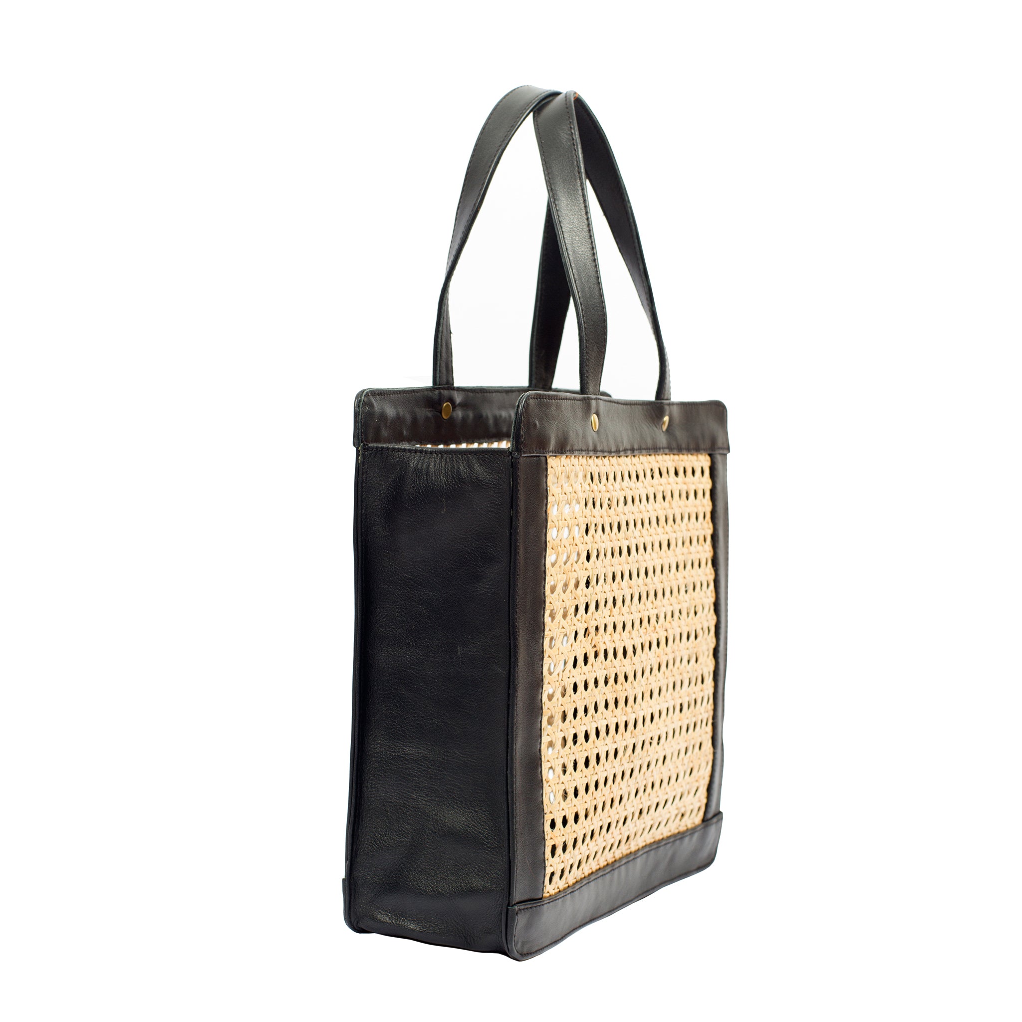 Leather Trim Mesh Rattan Cane Webbing Leather Tote Shoulder Bag Black Side view