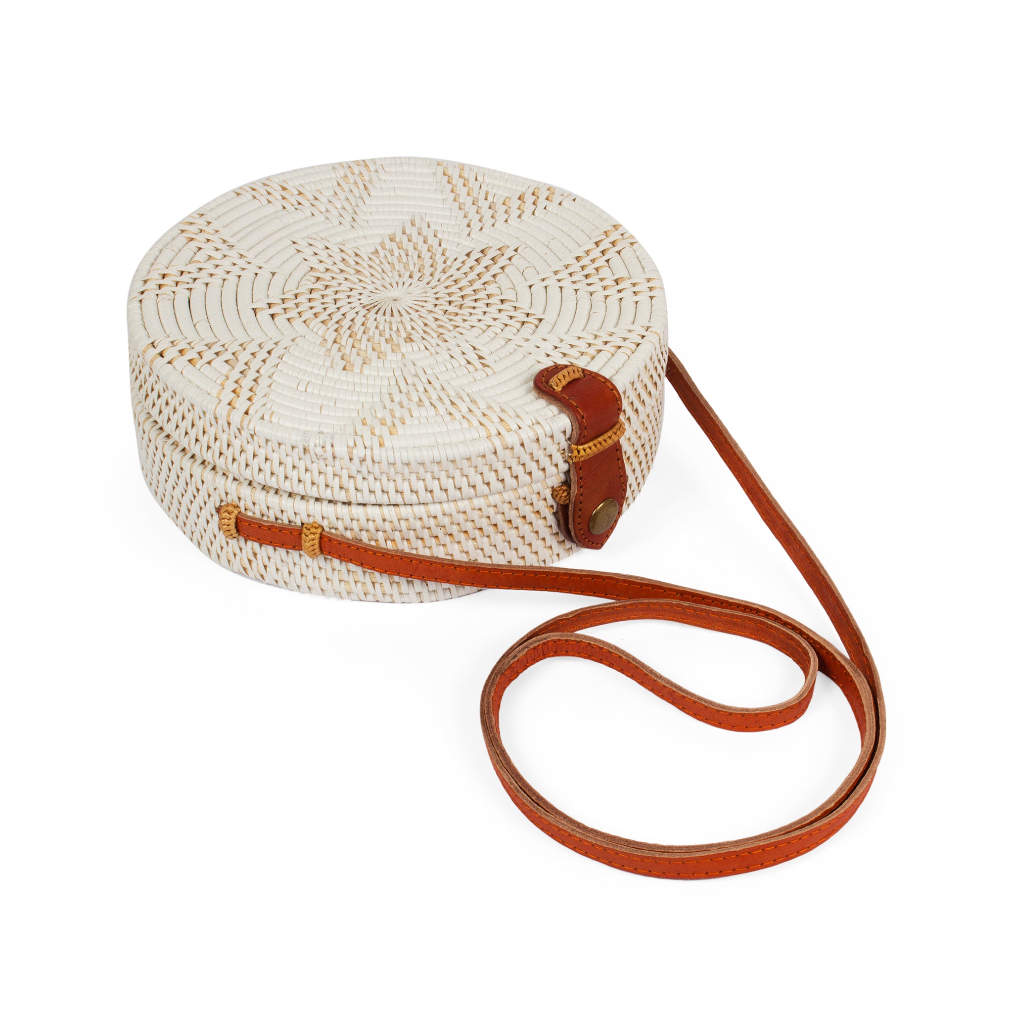 Flat side view Round Rattan Bali Crossbody Handbag