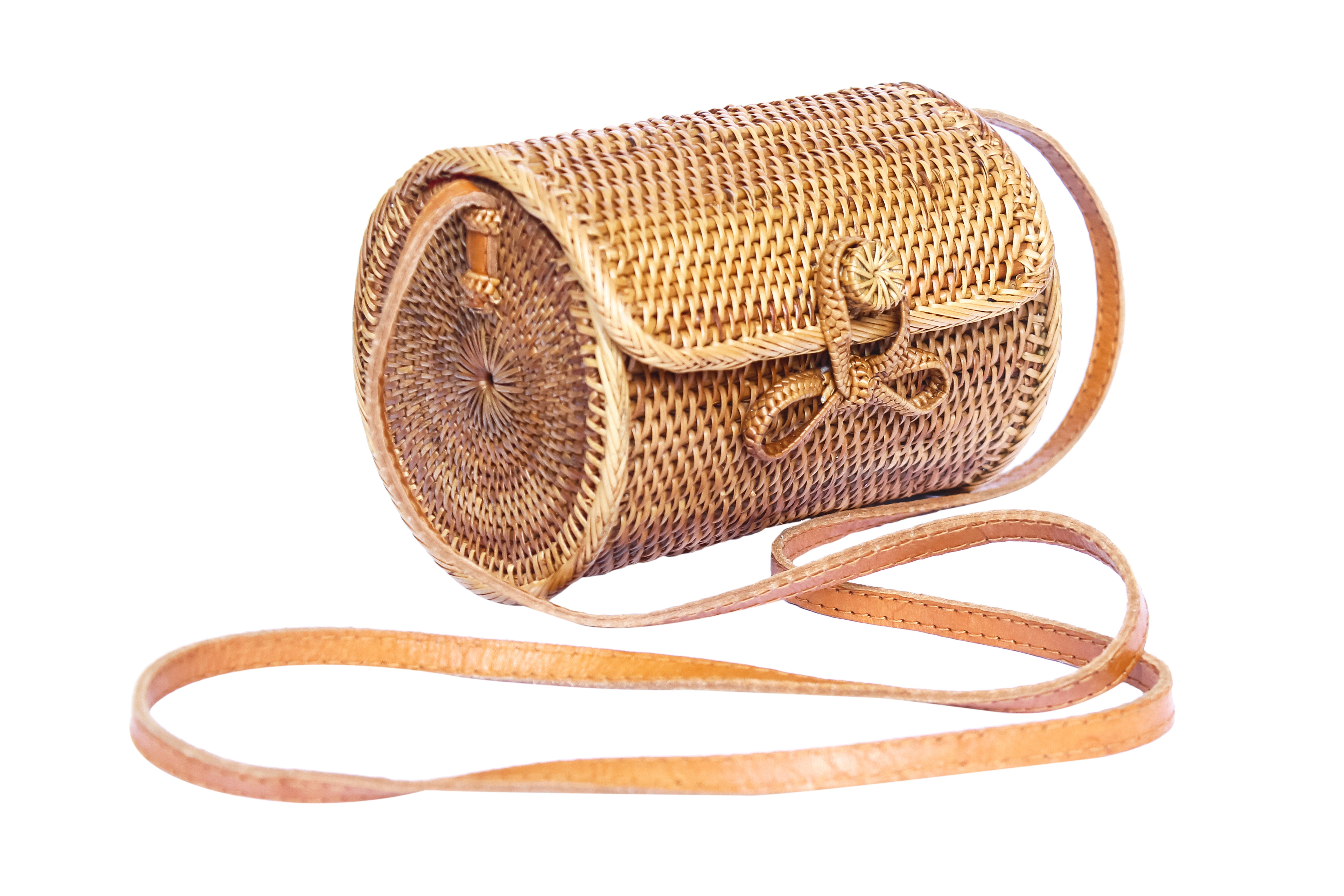 Barrel shaped rattan crossbody shoulder bag made in bali indonesia