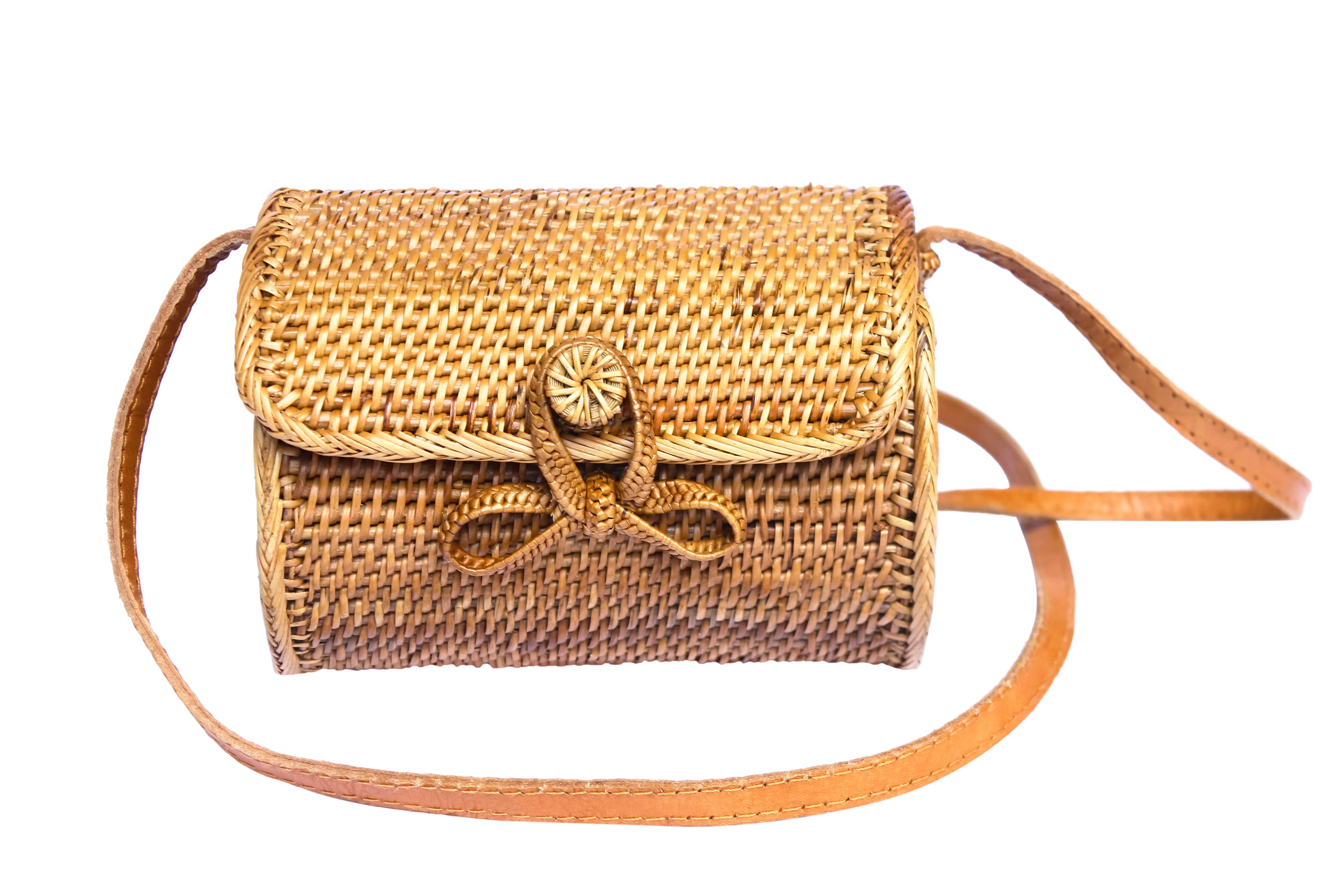 Barrel shaped rattan bali crossbody bag